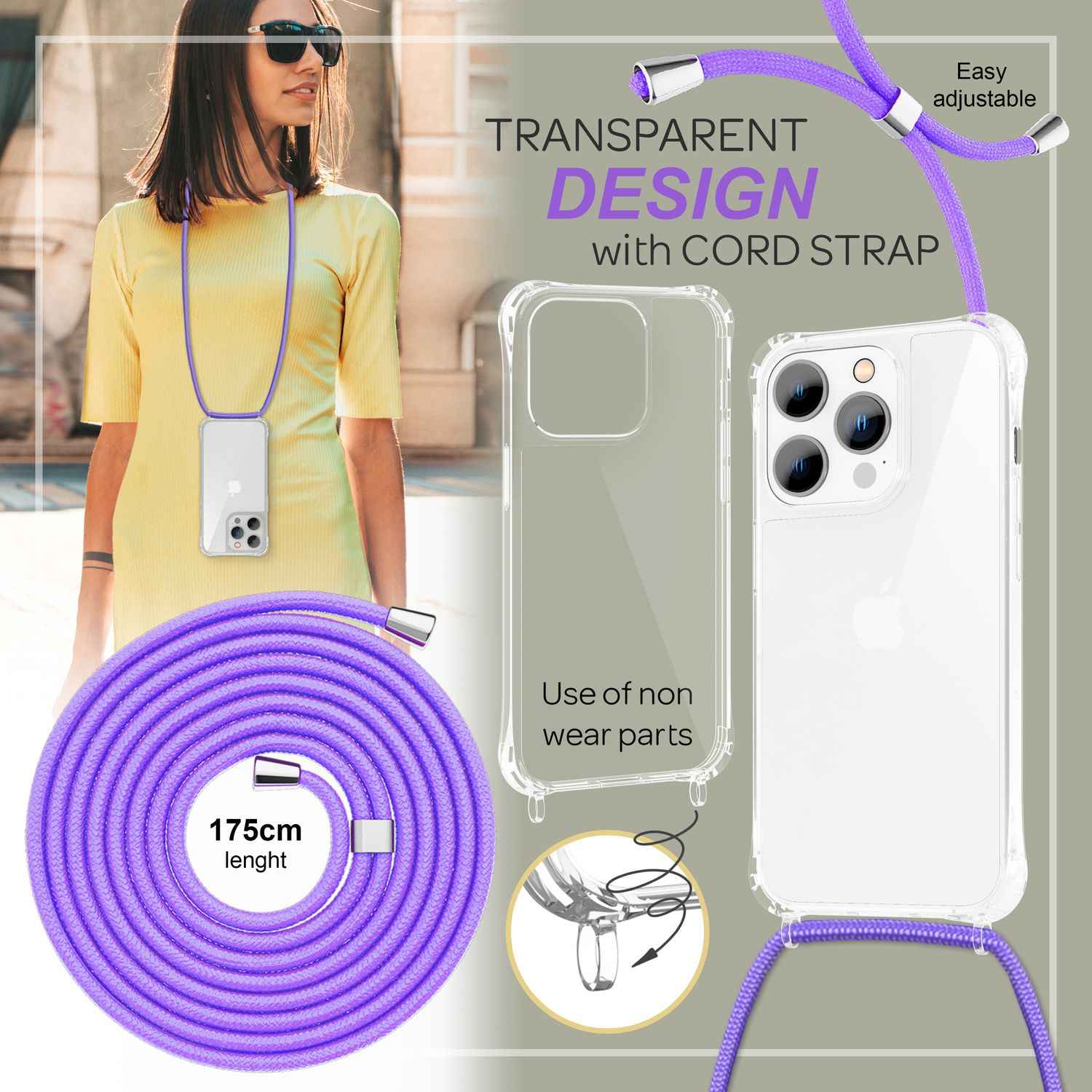 Hülle mit Kette für iPhone 14 Pro Max - Klare Handyhülle mit Band zum Umhängen