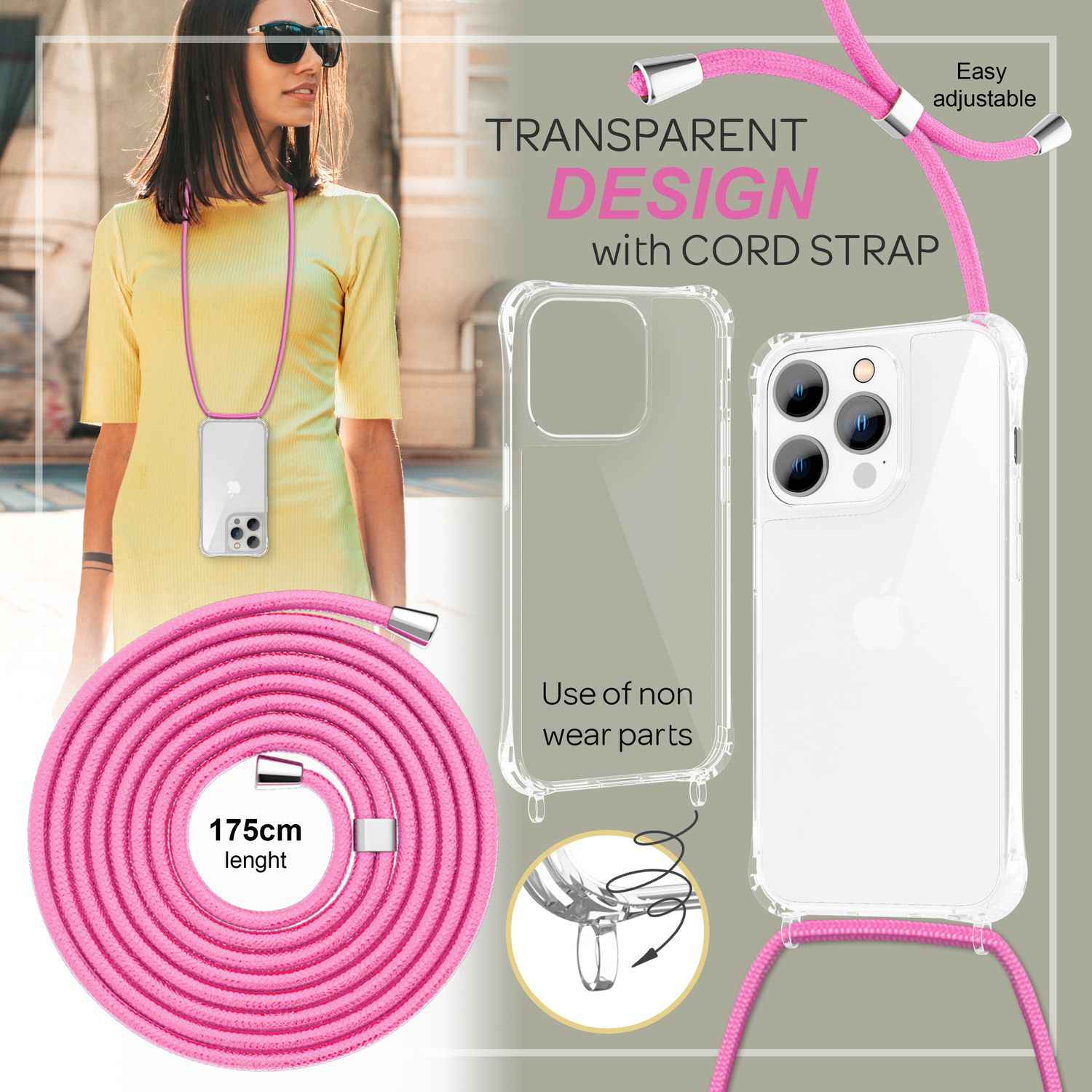 Hülle mit Kette für iPhone 14 Pro Max - Klare Handyhülle mit Band zum Umhängen