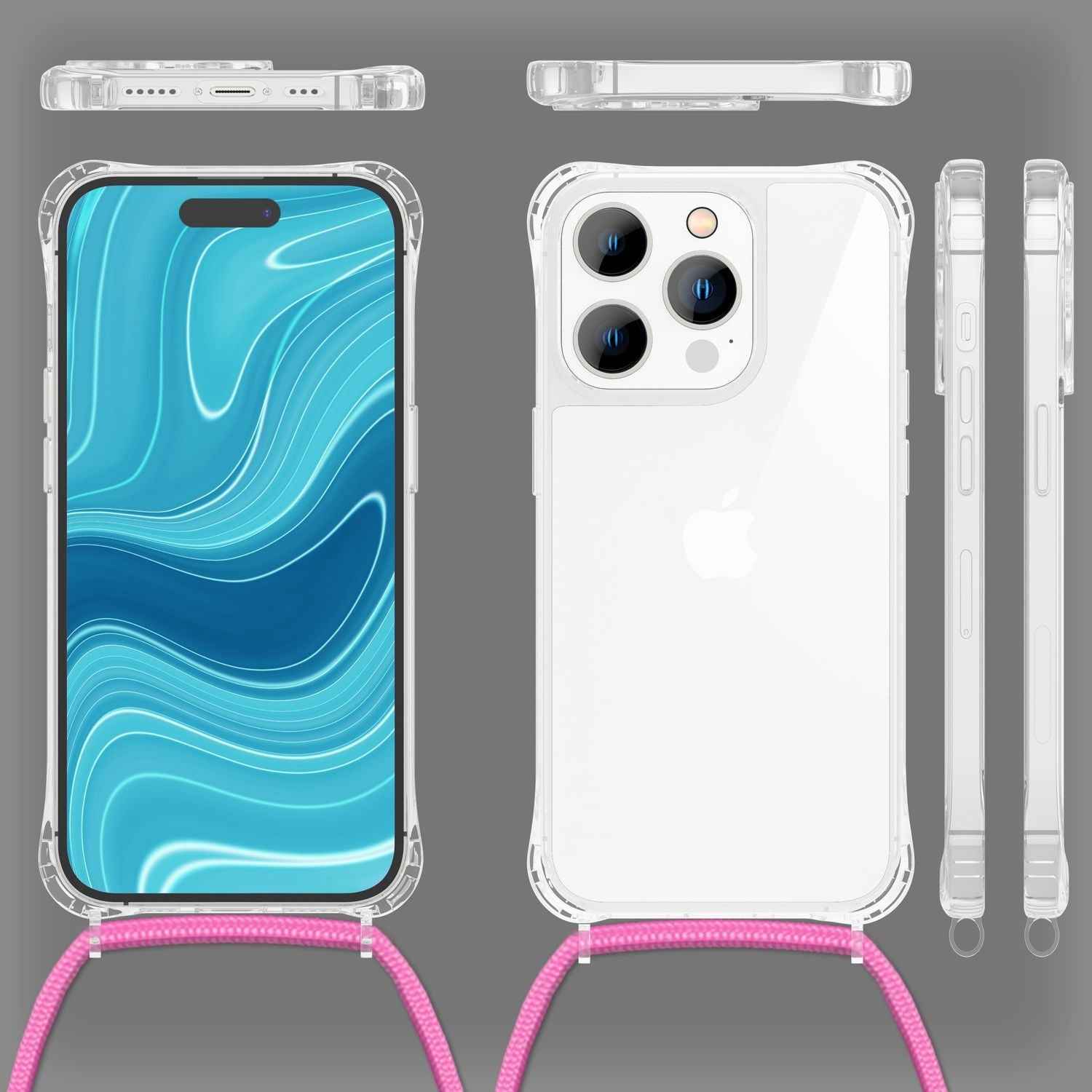 Hülle mit Kette für iPhone 14 Pro Max - Klare Handyhülle mit Band zum Umhängen