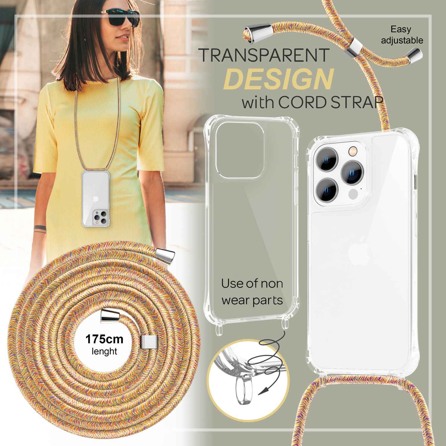 Hülle mit Kette für iPhone 14 Pro Max - Klare Handyhülle mit Band zum Umhängen