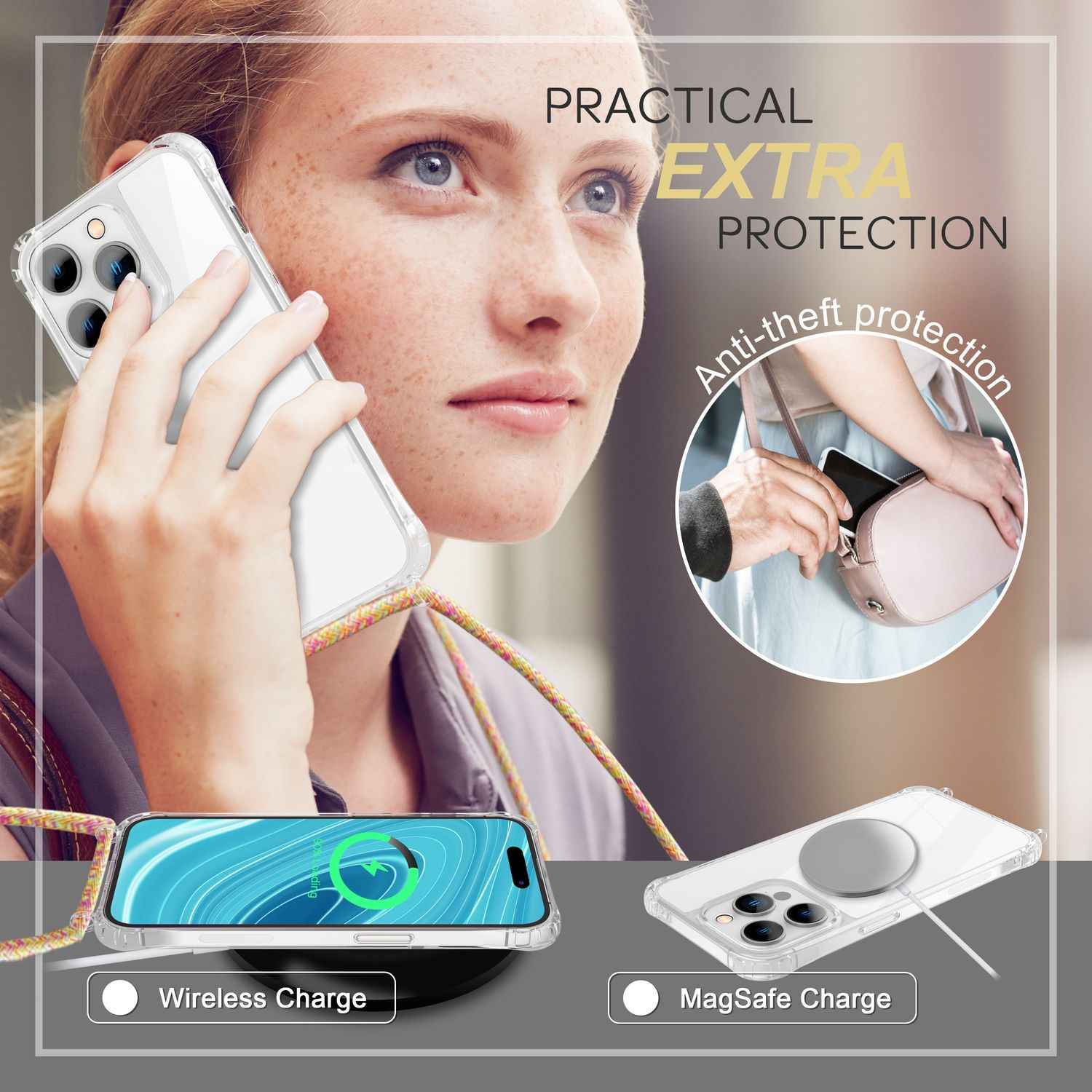 Hülle mit Kette für iPhone 14 Pro Max - Klare Handyhülle mit Band zum Umhängen