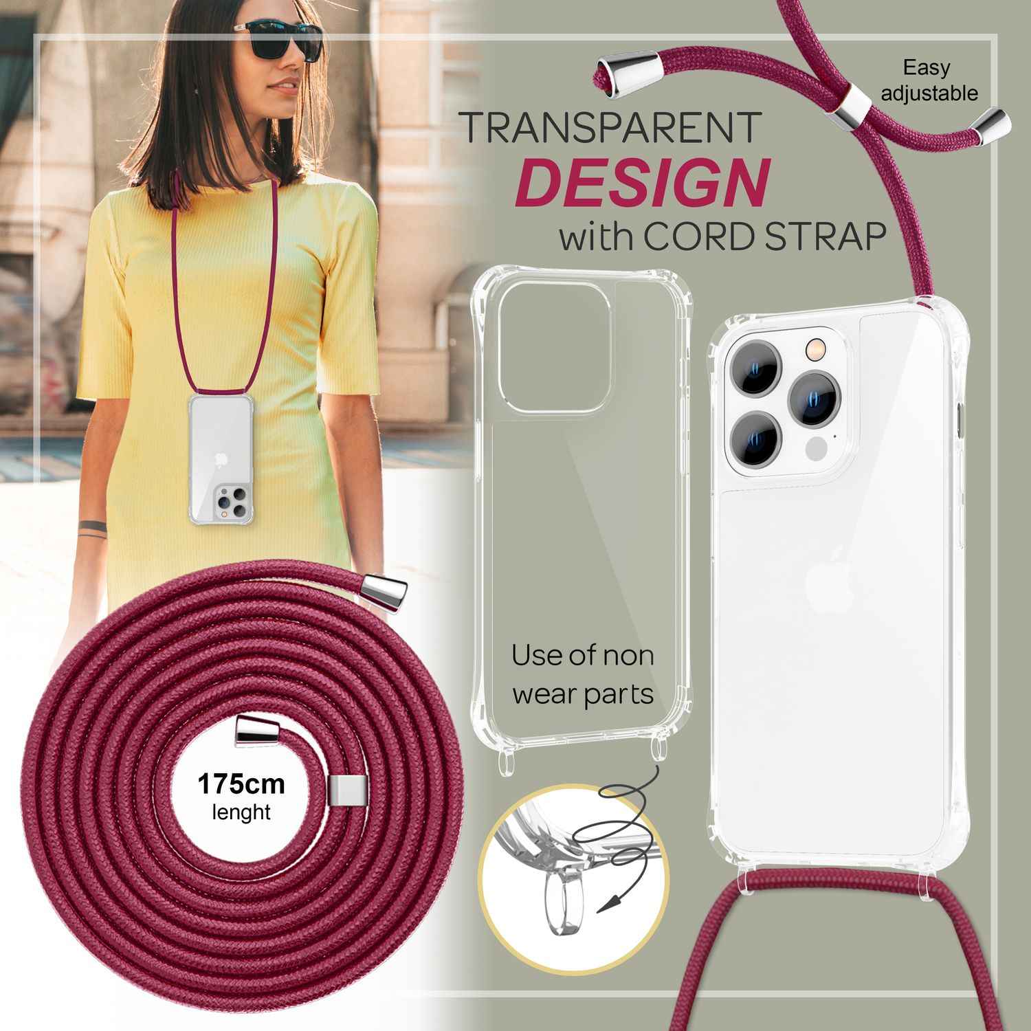 Hülle mit Kette für iPhone 14 Pro Max - Klare Handyhülle mit Band zum Umhängen