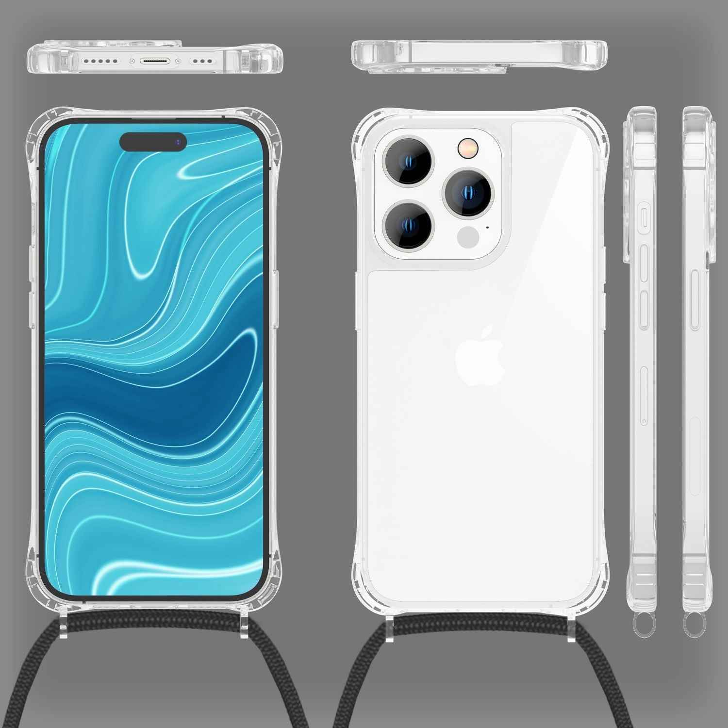Hülle mit Kette für iPhone 14 Pro Max - Klare Handyhülle mit Band zum Umhängen