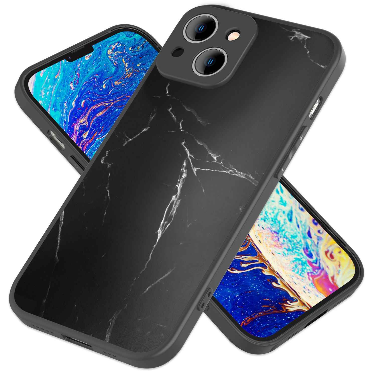 Glas Hülle für iPhone 14, Marmor Look Hardcase Silikon Rahmen Handy Schutz Cover