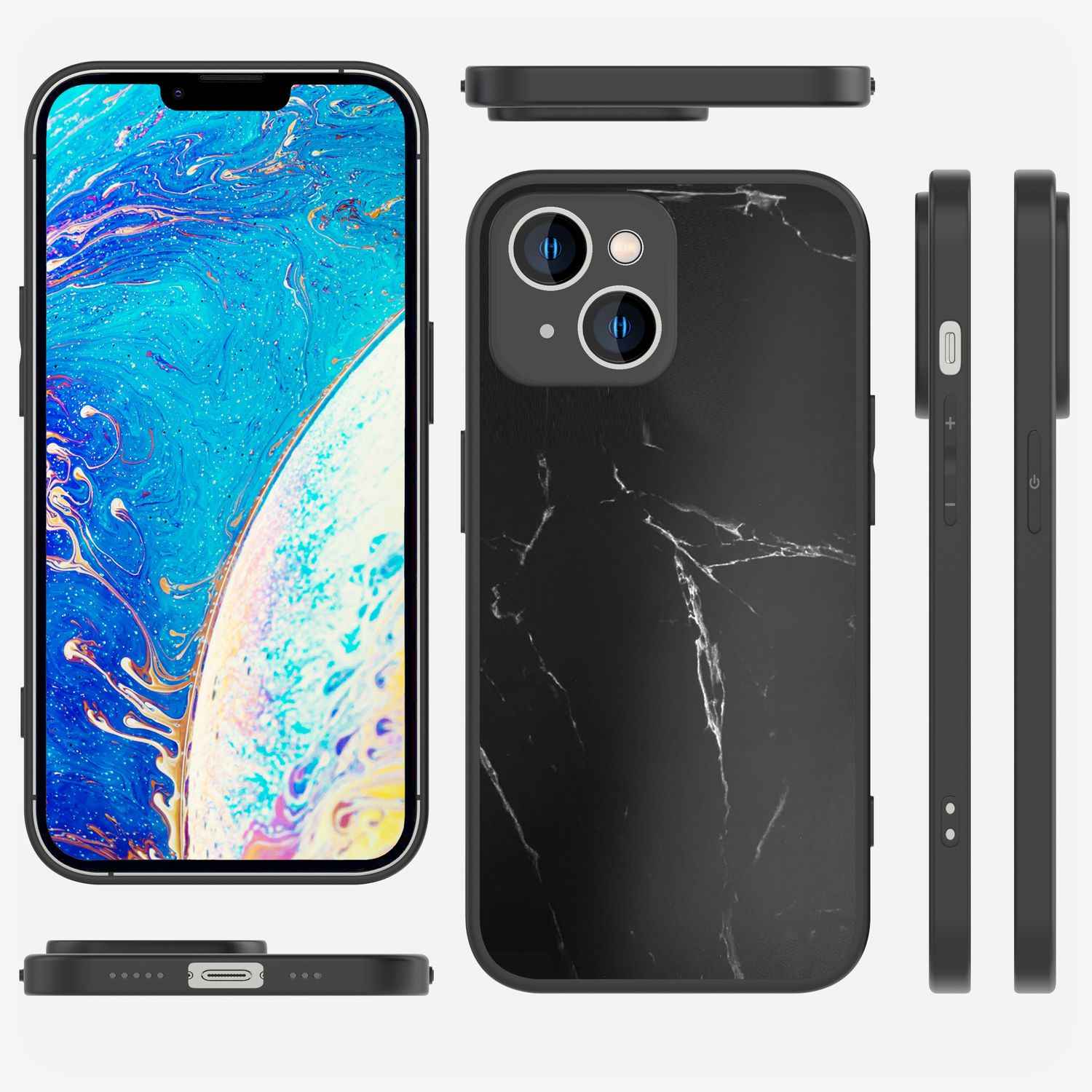 Glas Hülle für iPhone 14, Marmor Look Hardcase Silikon Rahmen Handy Schutz Cover