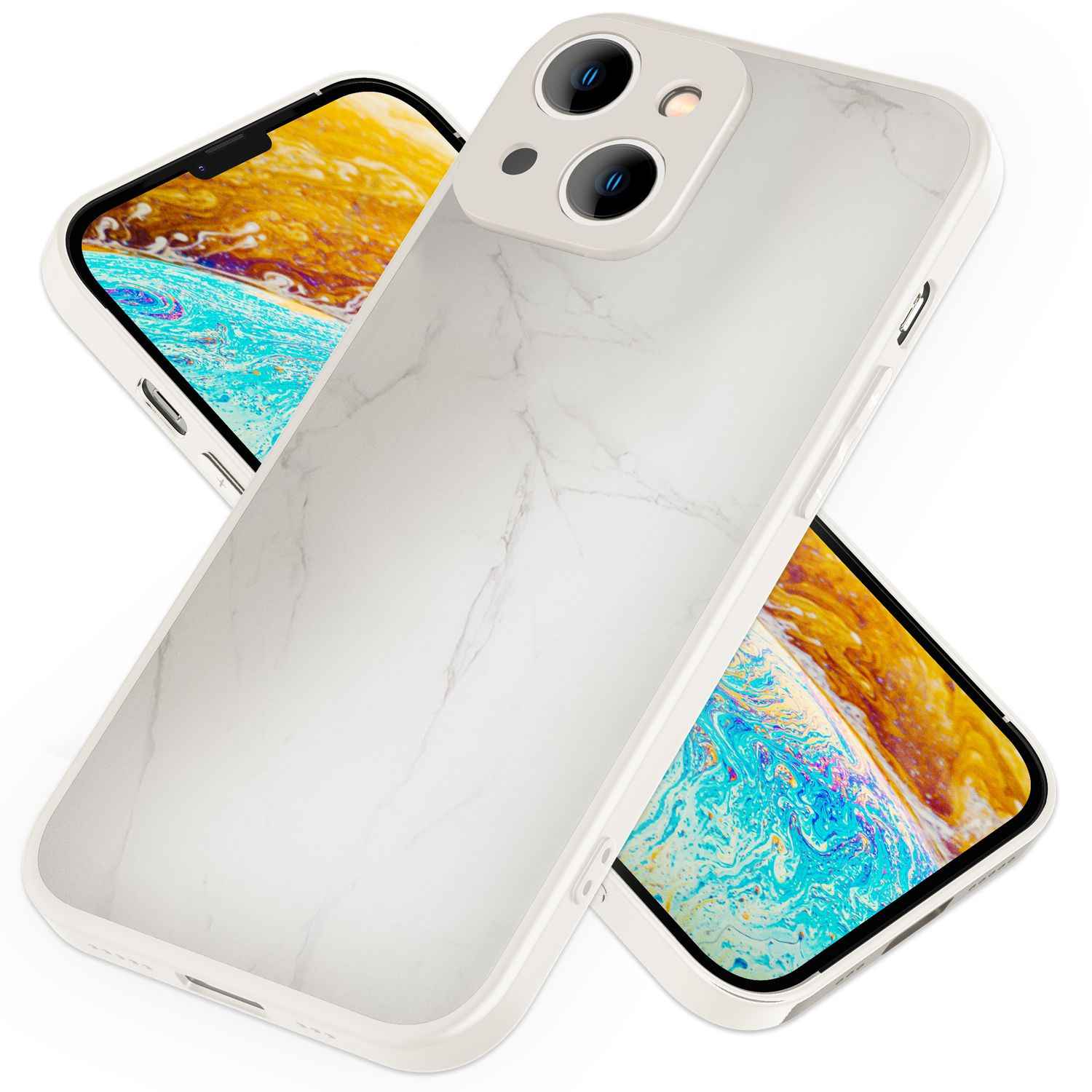 Glas Hülle für iPhone 14, Marmor Look Hardcase Silikon Rahmen Handy Schutz Cover