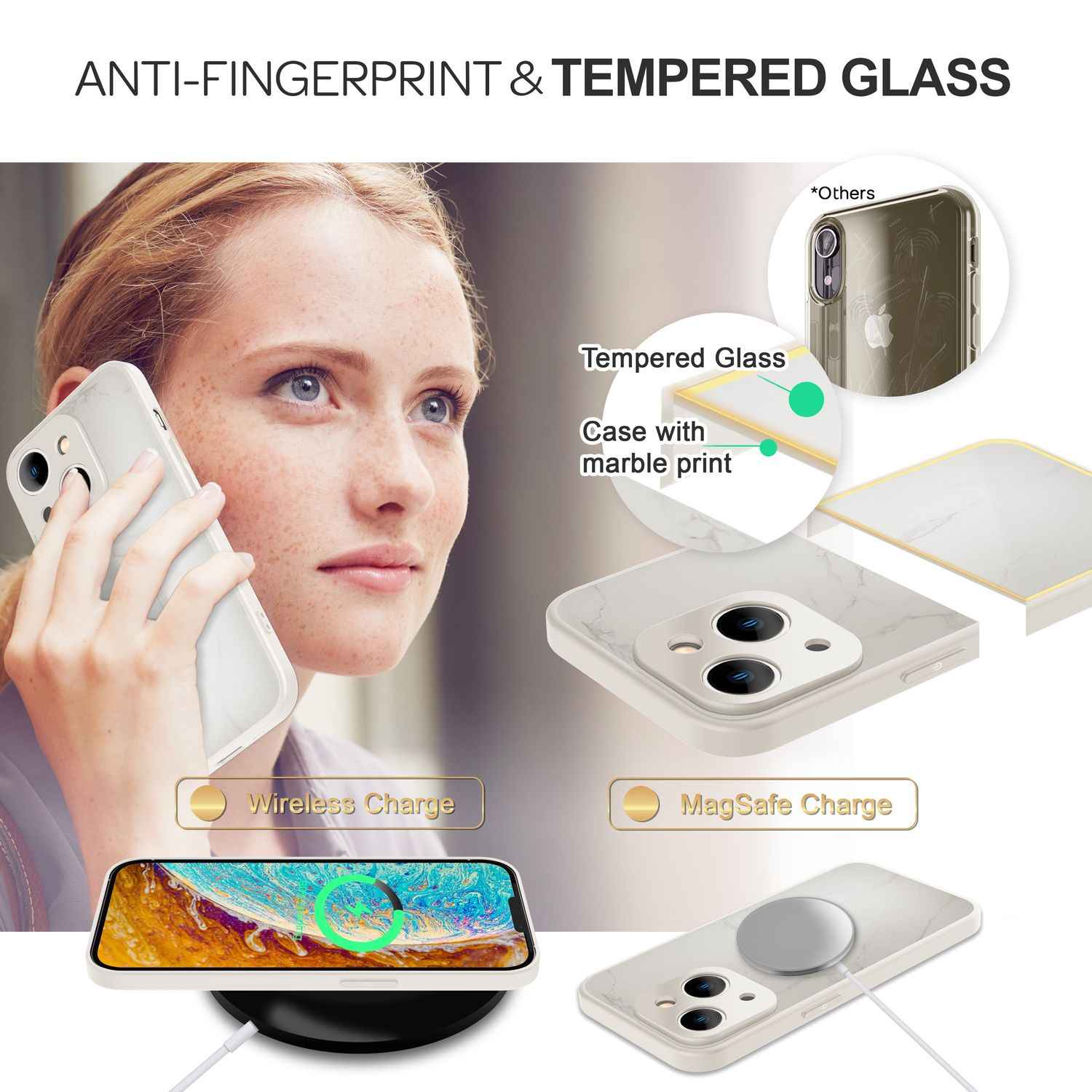Glas Hülle für iPhone 14, Marmor Look Hardcase Silikon Rahmen Handy Schutz Cover