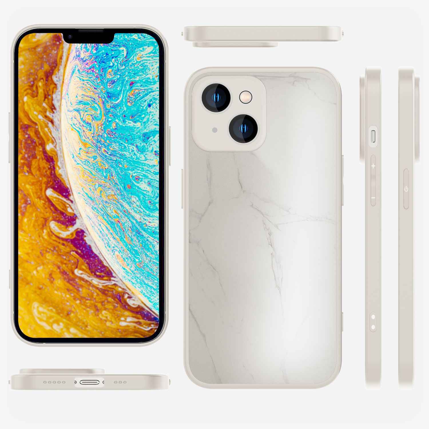 Glas Hülle für iPhone 14, Marmor Look Hardcase Silikon Rahmen Handy Schutz Cover