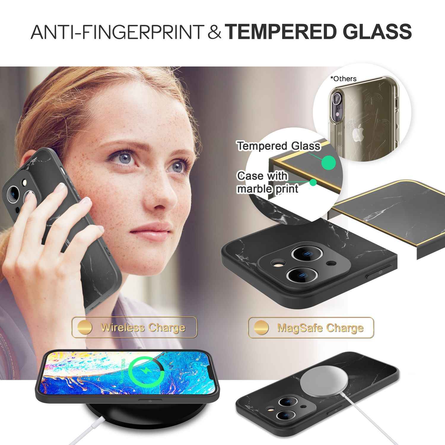 Glas Hülle für iPhone 14 Plus, Marmor Look Hardcase Silikon Rahmen Handy Cover