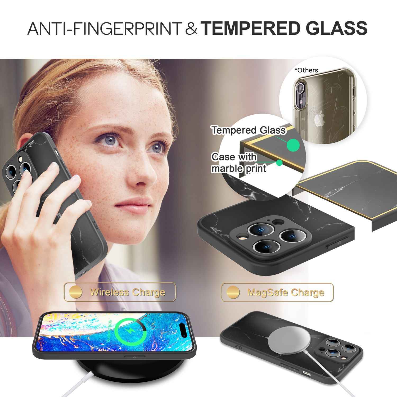 Glas Hülle für iPhone 14 Pro, Marmor Look Hardcase Silikon Rahmen Handy Cover