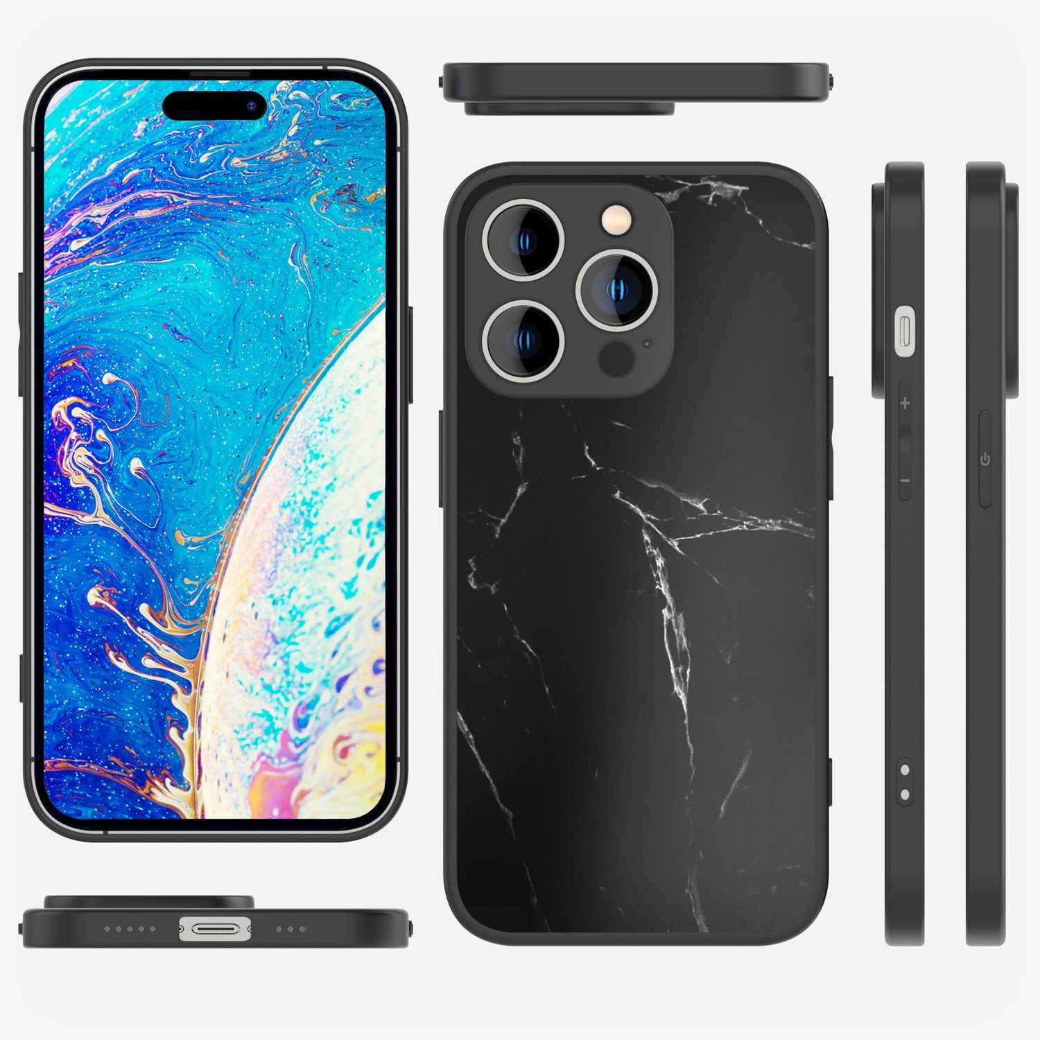 Glas Hülle für iPhone 14 Pro Max, Marmor Look Hardcase Silikon Rand Handy Cover