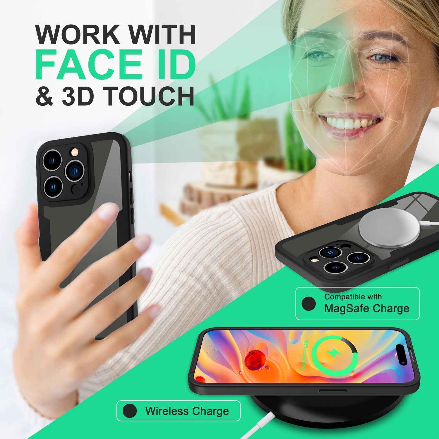 360° Hülle für iPhone 14 Pro Max, Klar Antigelb Rundum Schutz Cover Silikon Rand