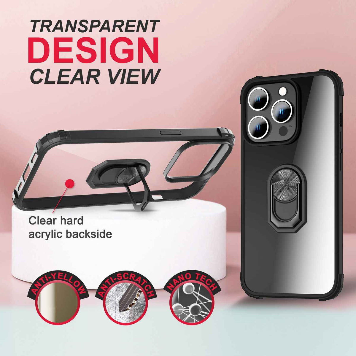Ring Hülle für iPhone 14 Pro Max - Klar Transparent Schutz Rahmen 360° Ring Case