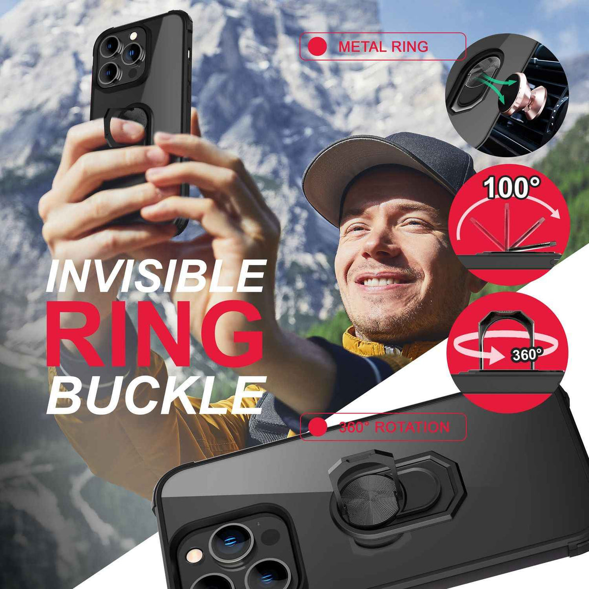 Ring Hülle für iPhone 14 Pro Max - Klar Transparent Schutz Rahmen 360° Ring Case