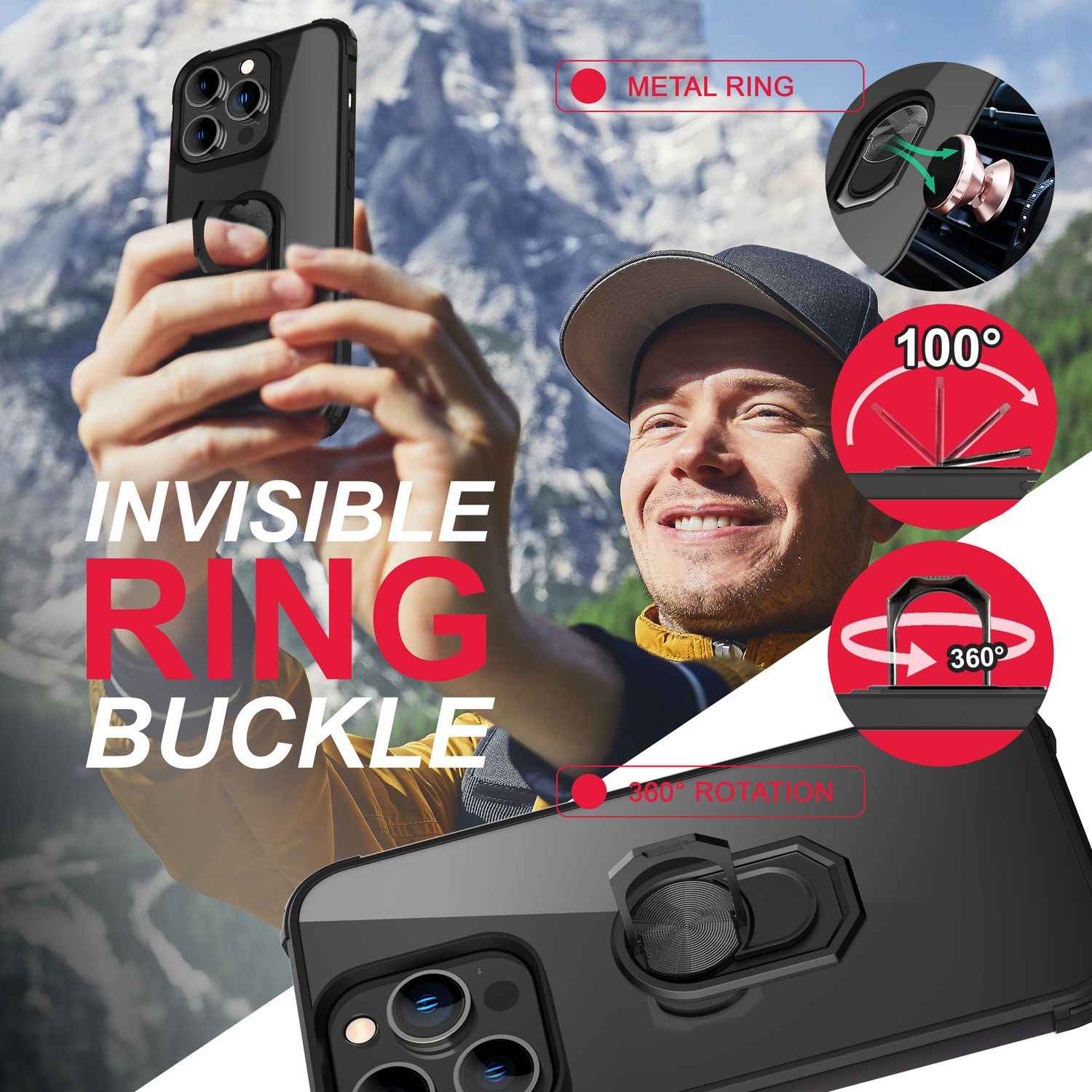 Ring Hülle für iPhone 14 Pro Max - Klar Transparent Schutz Rahmen 360° Ring Case