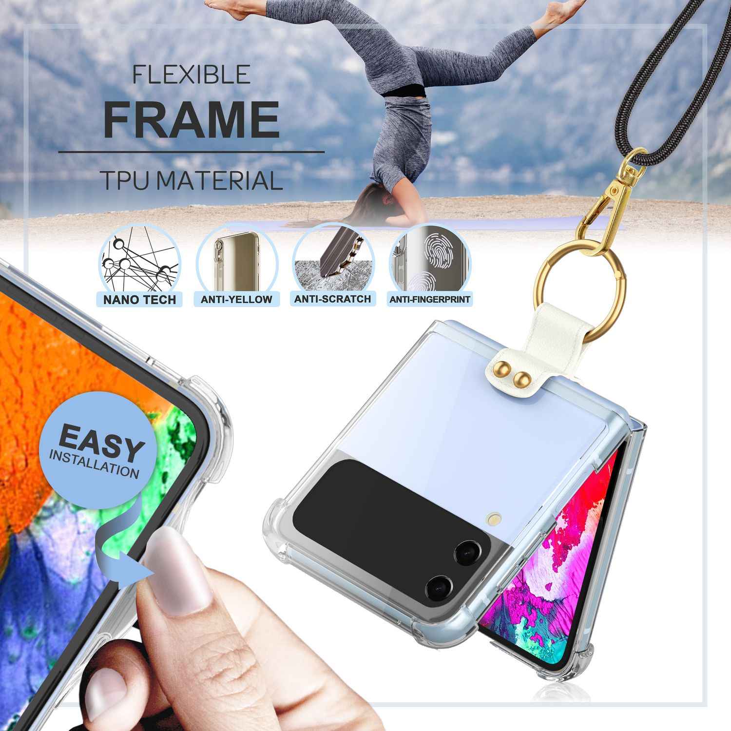 Umhänge Hülle für Samsung Galaxy Z Flip4 Klare Schutzhülle mit Band Schnur Ring