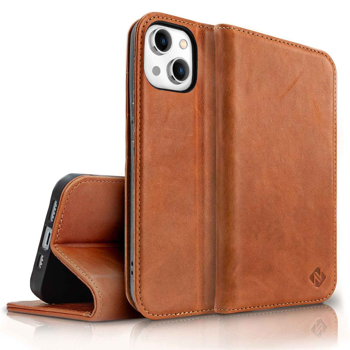 Echt Leder Hülle für iPhone 14 Plus, RFID Schutz Flipcase Klapphülle Schutzhülle