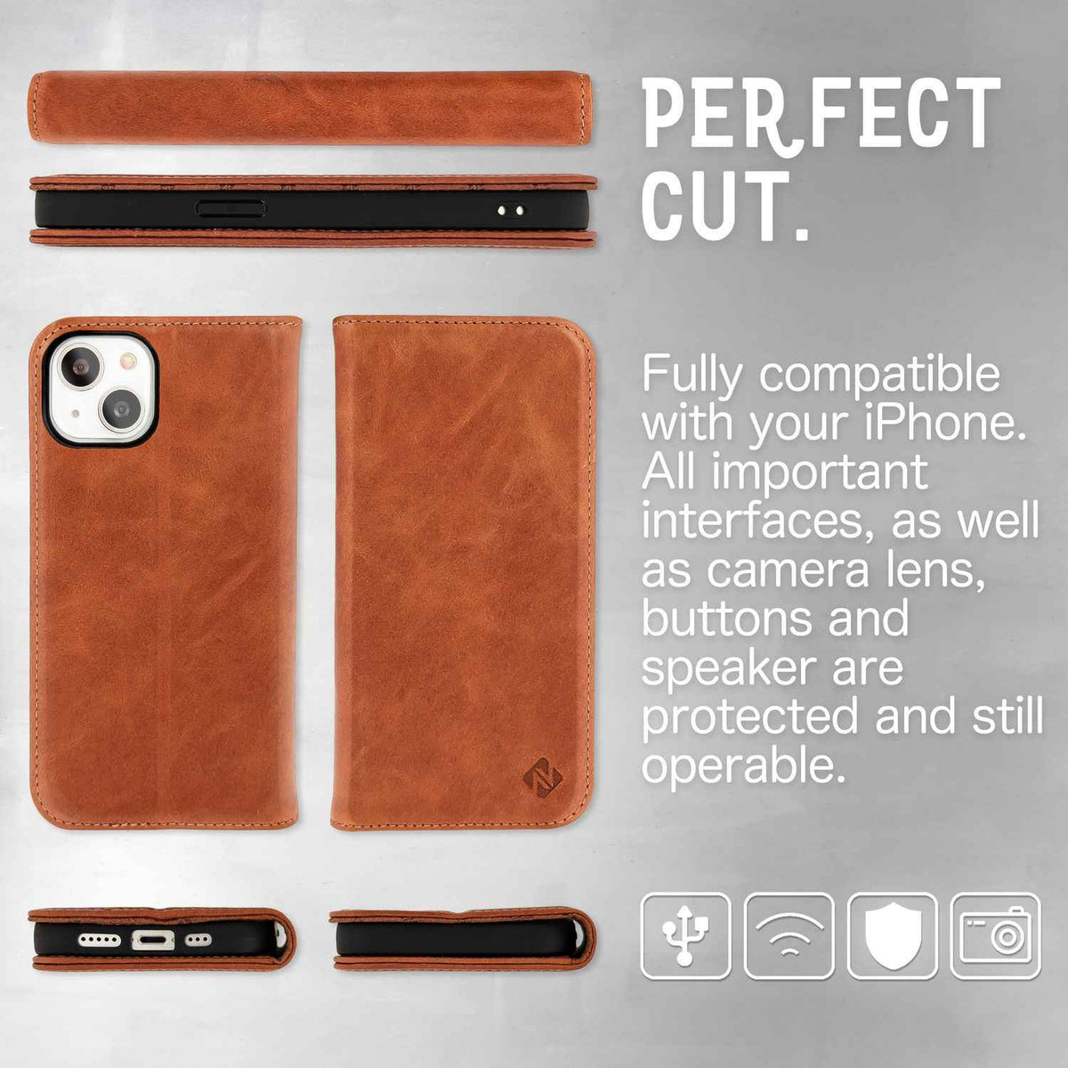 Echt Leder Hülle für iPhone 14 Plus, RFID Schutz Flipcase Klapphülle Schutzhülle