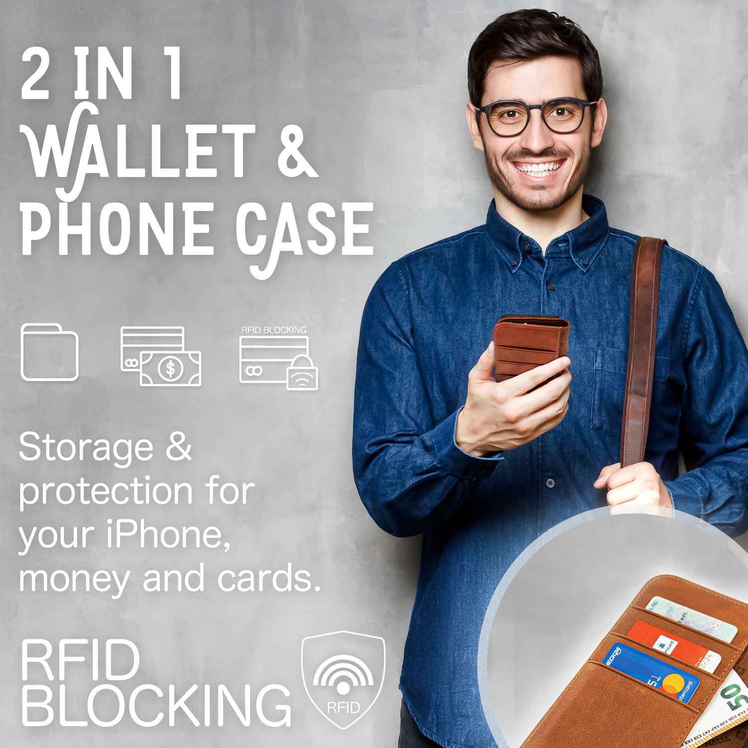 Echt Leder Hülle für iPhone 14 Plus, RFID Schutz Flipcase Klapphülle Schutzhülle