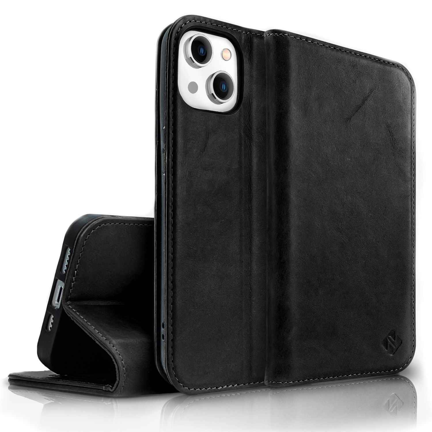 Echt Leder Hülle für iPhone 14 Plus, RFID Schutz Flipcase Klapphülle Schutzhülle