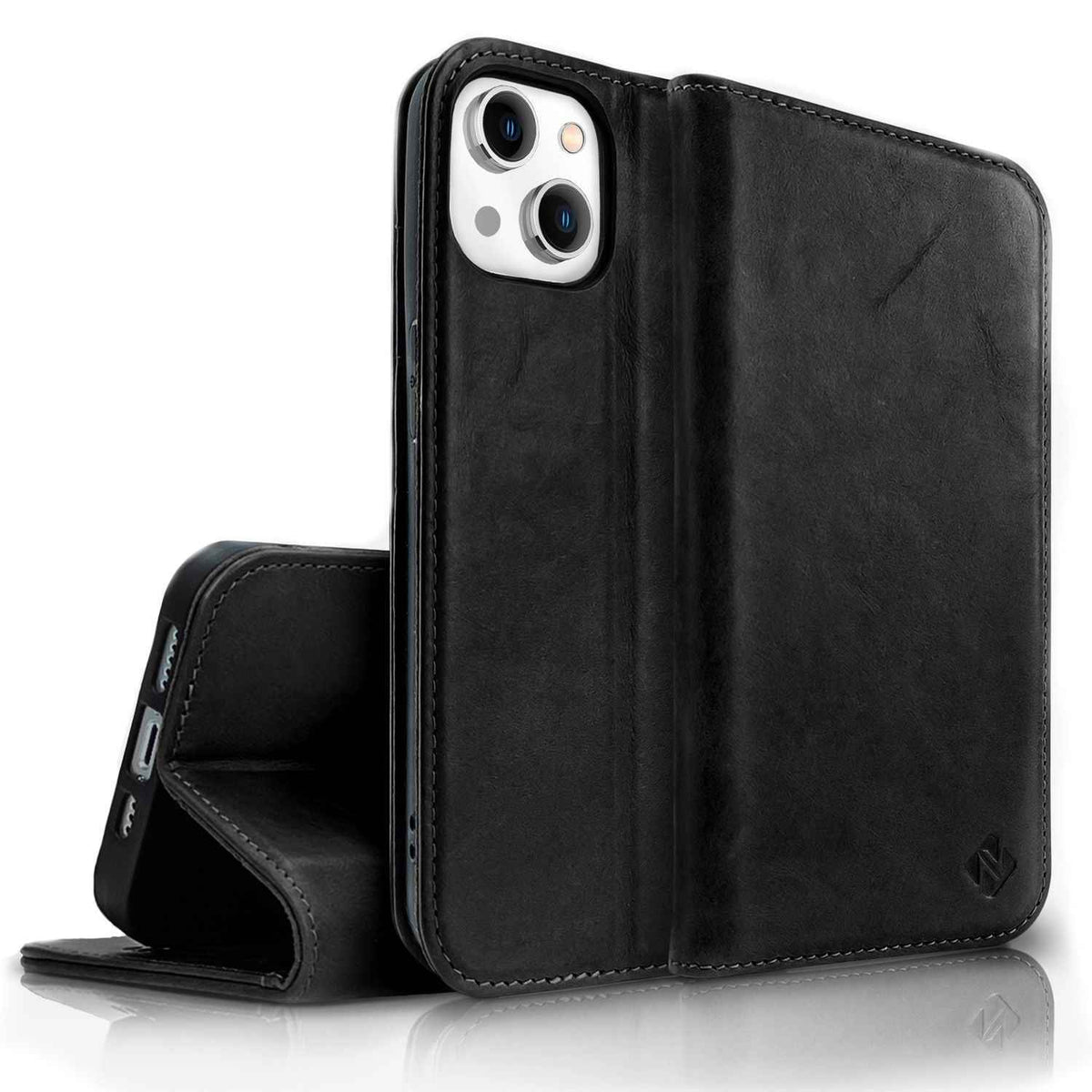 Echt Leder Hülle für iPhone 14 Plus, RFID Schutz Flipcase Klapphülle Schutzhülle