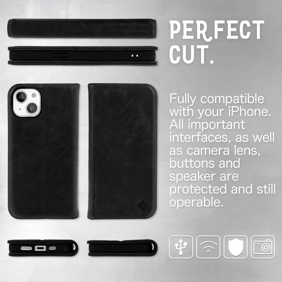 Echt Leder Hülle für iPhone 14 Plus, RFID Schutz Flipcase Klapphülle Schutzhülle
