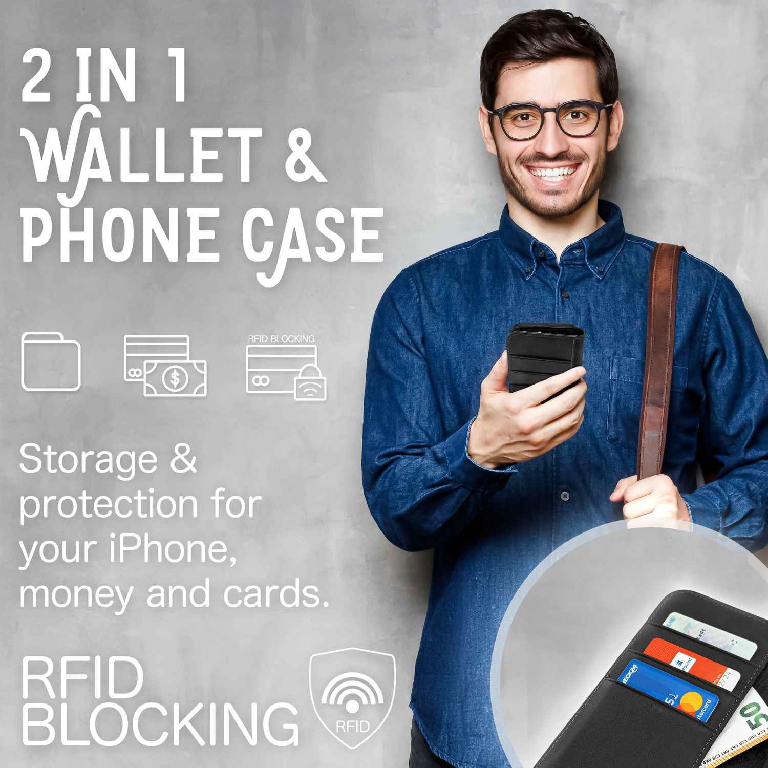 Echt Leder Hülle für iPhone 14 Plus, RFID Schutz Flipcase Klapphülle Schutzhülle