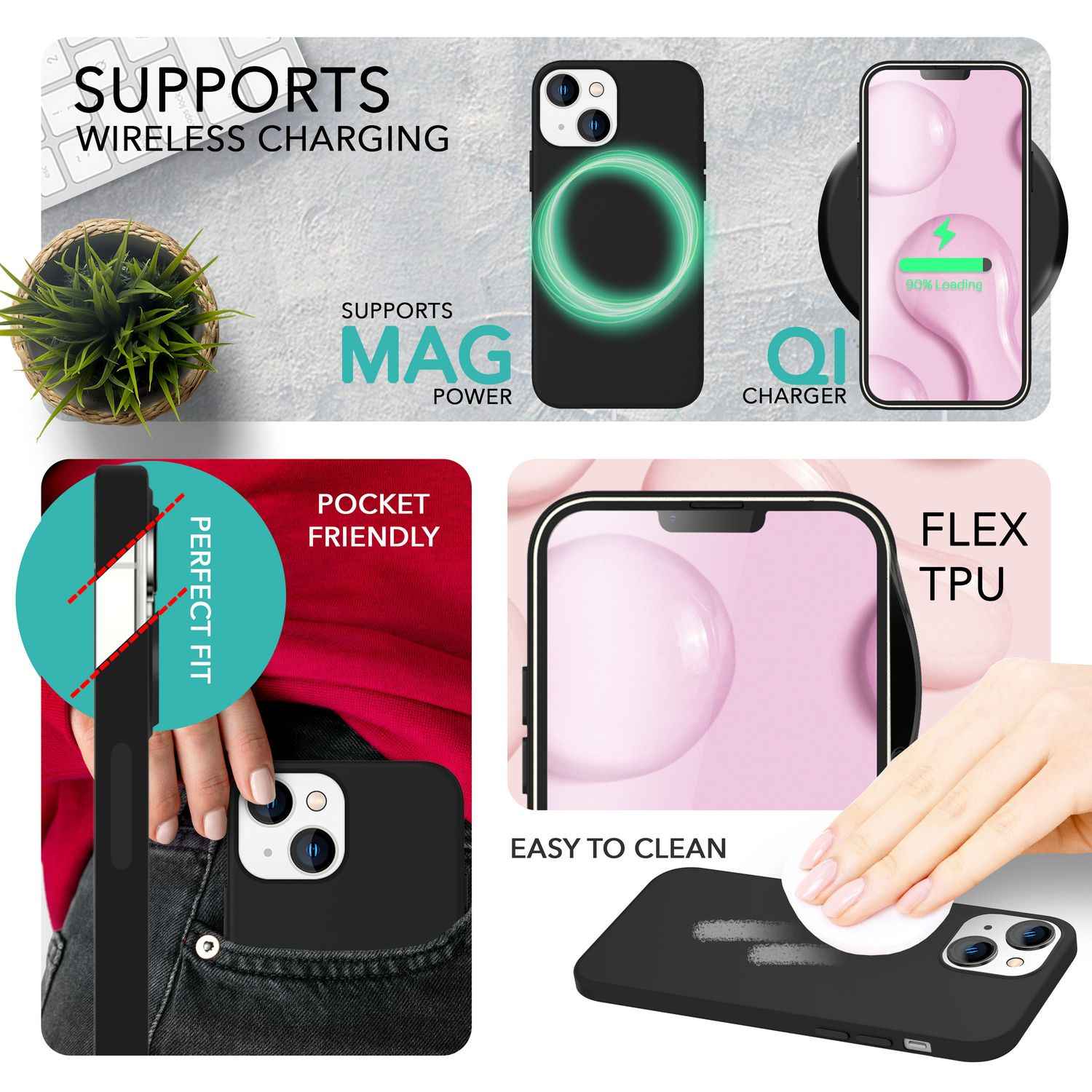 MagSafe Hülle mit 2x Schutz Glas für iPhone 14, Easy Clean Silikon Handy Cover