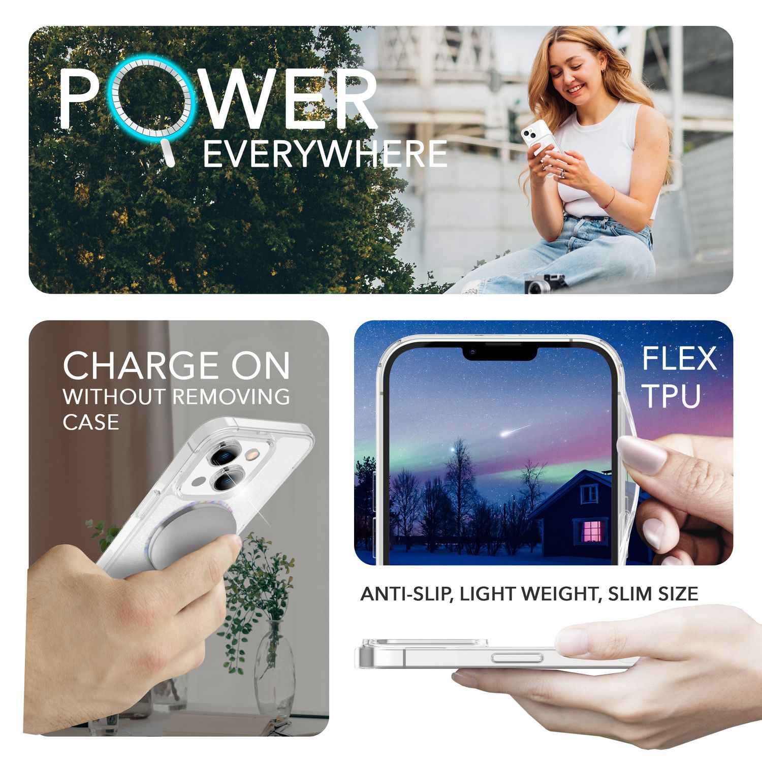 Glitzer-Hülle MagSafe und 2x Schutzglas für iPhone 14, Klar Display Folie Cover