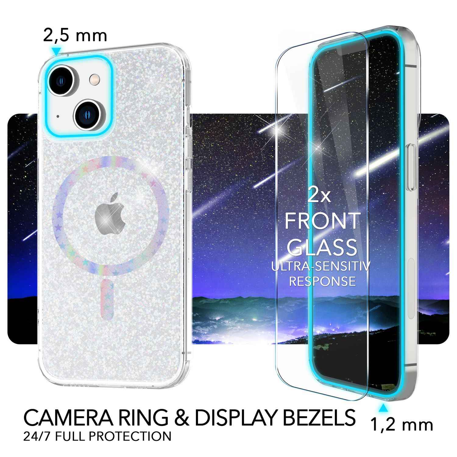 Glitzer-Hülle MagSafe und 2x Schutzglas für iPhone 14, Klar Display Folie Cover