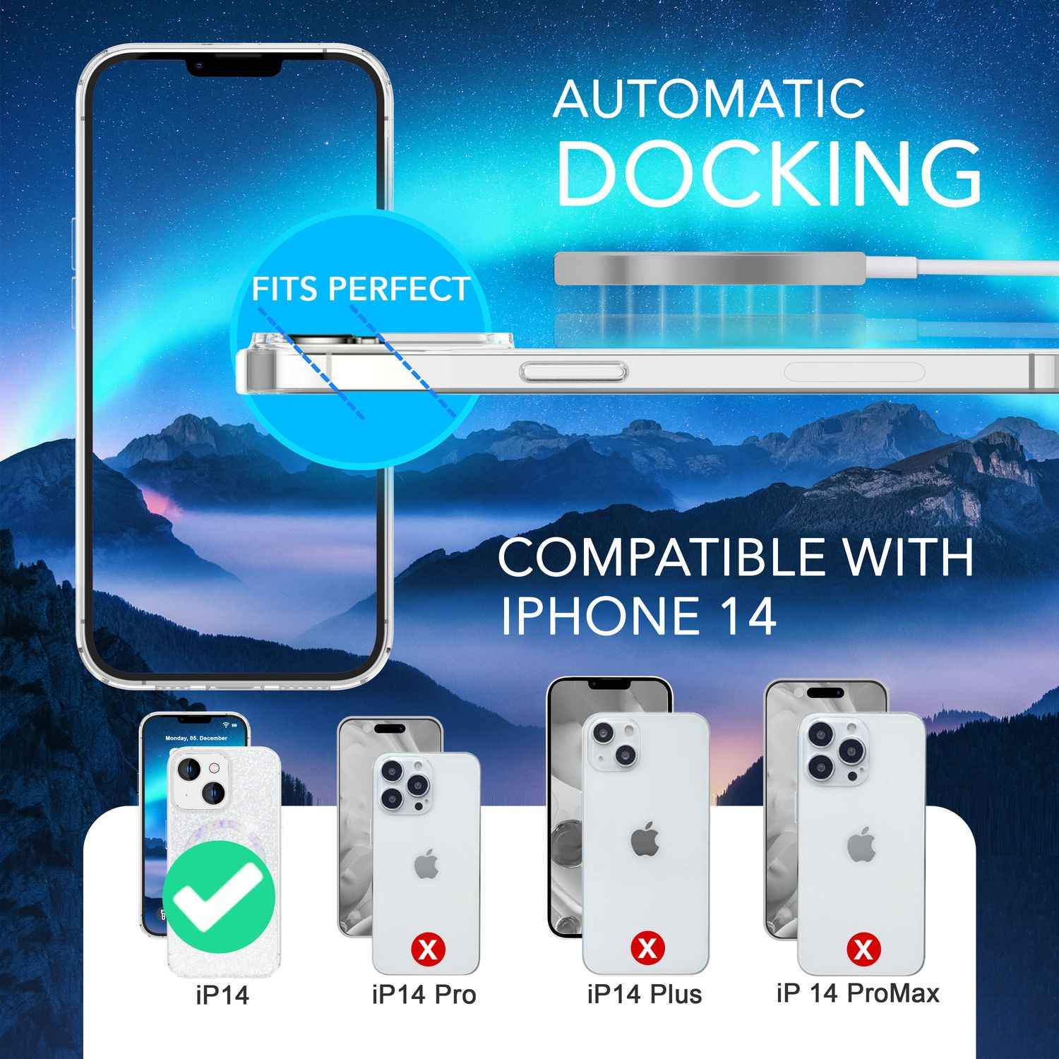 Glitzer-Hülle MagSafe und 2x Schutzglas für iPhone 14, Klar Display Folie Cover