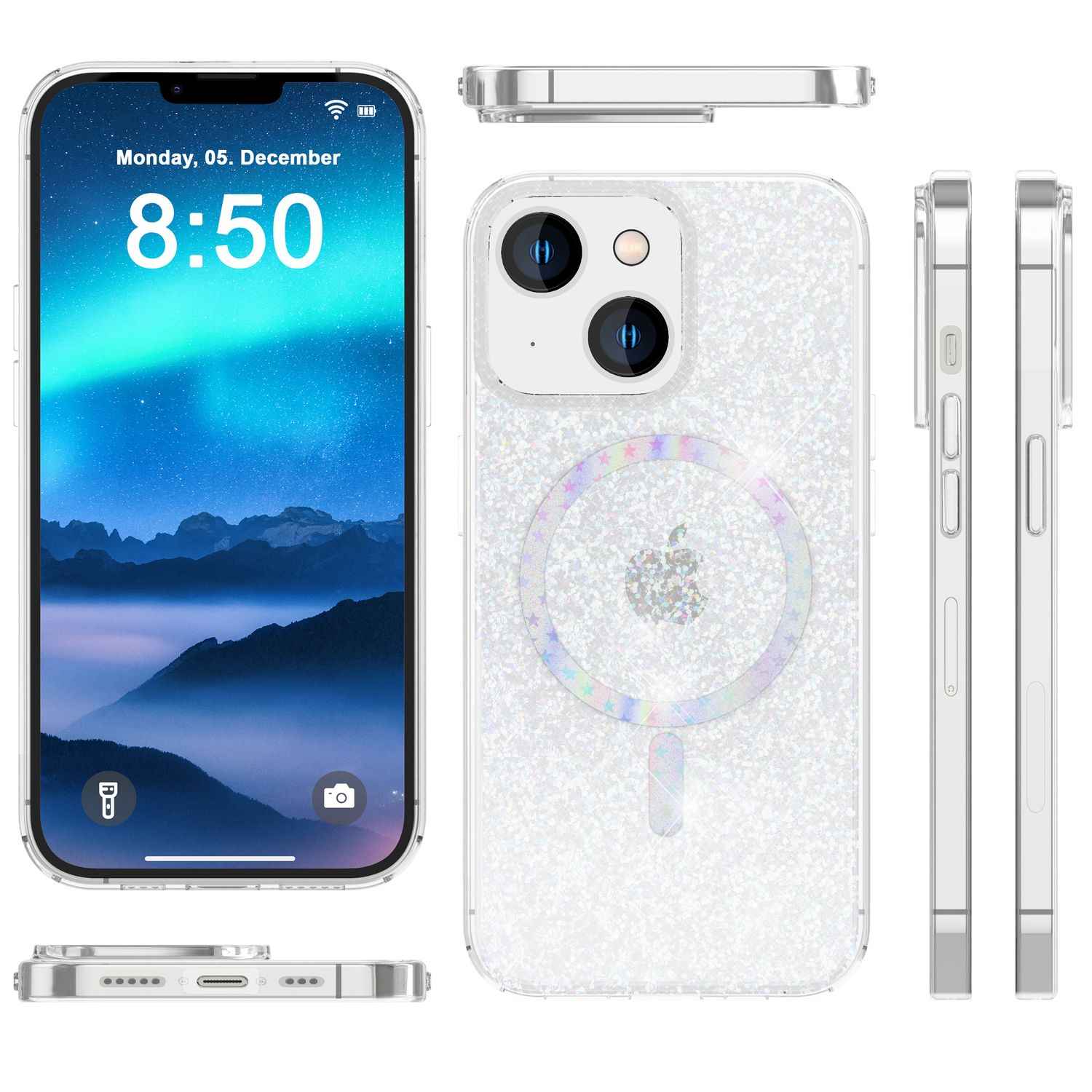 Glitzer-Hülle MagSafe und 2x Schutzglas für iPhone 14, Klar Display Folie Cover