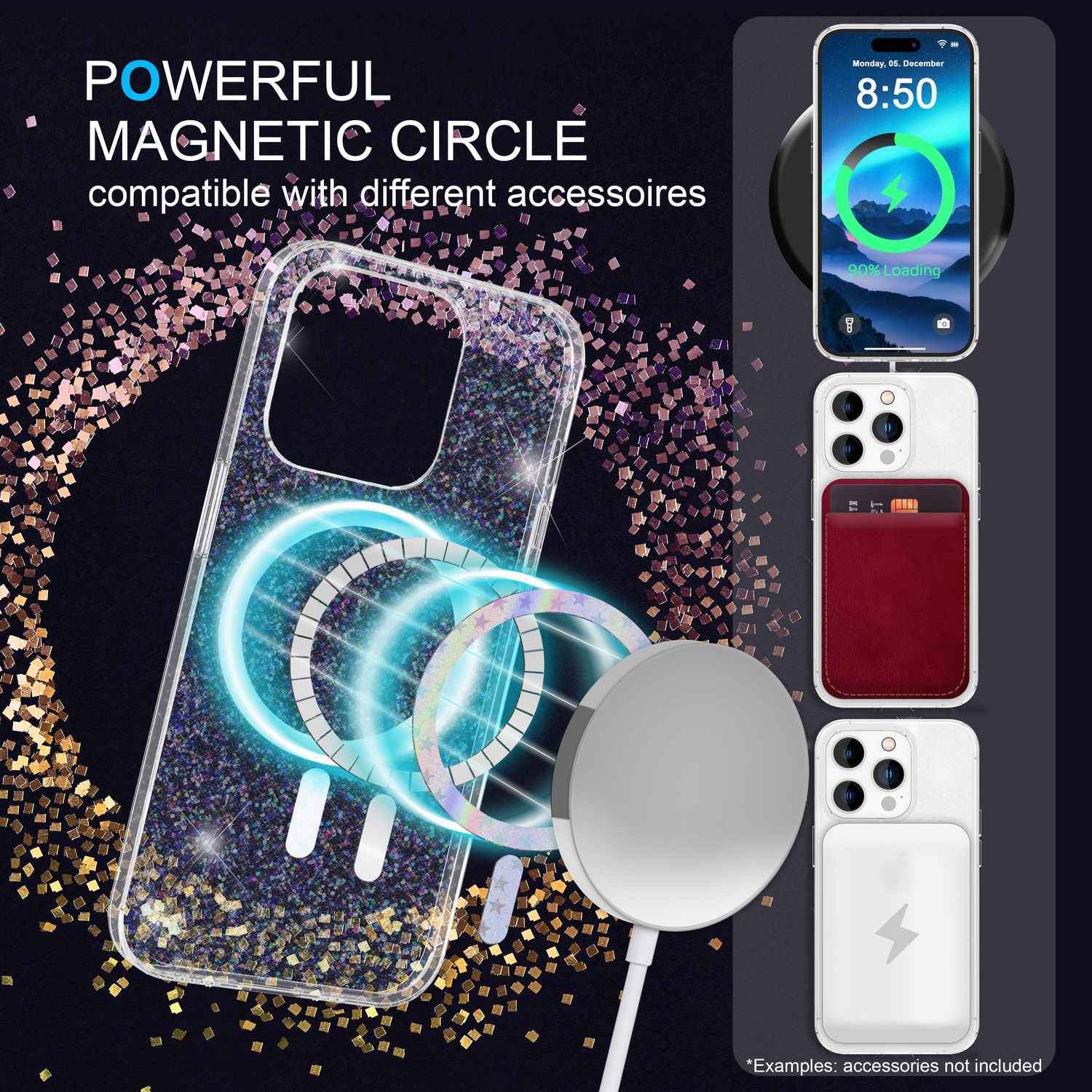 Glitzer-Hülle MagSafe und 2x Schutzglas für iPhone 14 Pro, Klar Display Folie