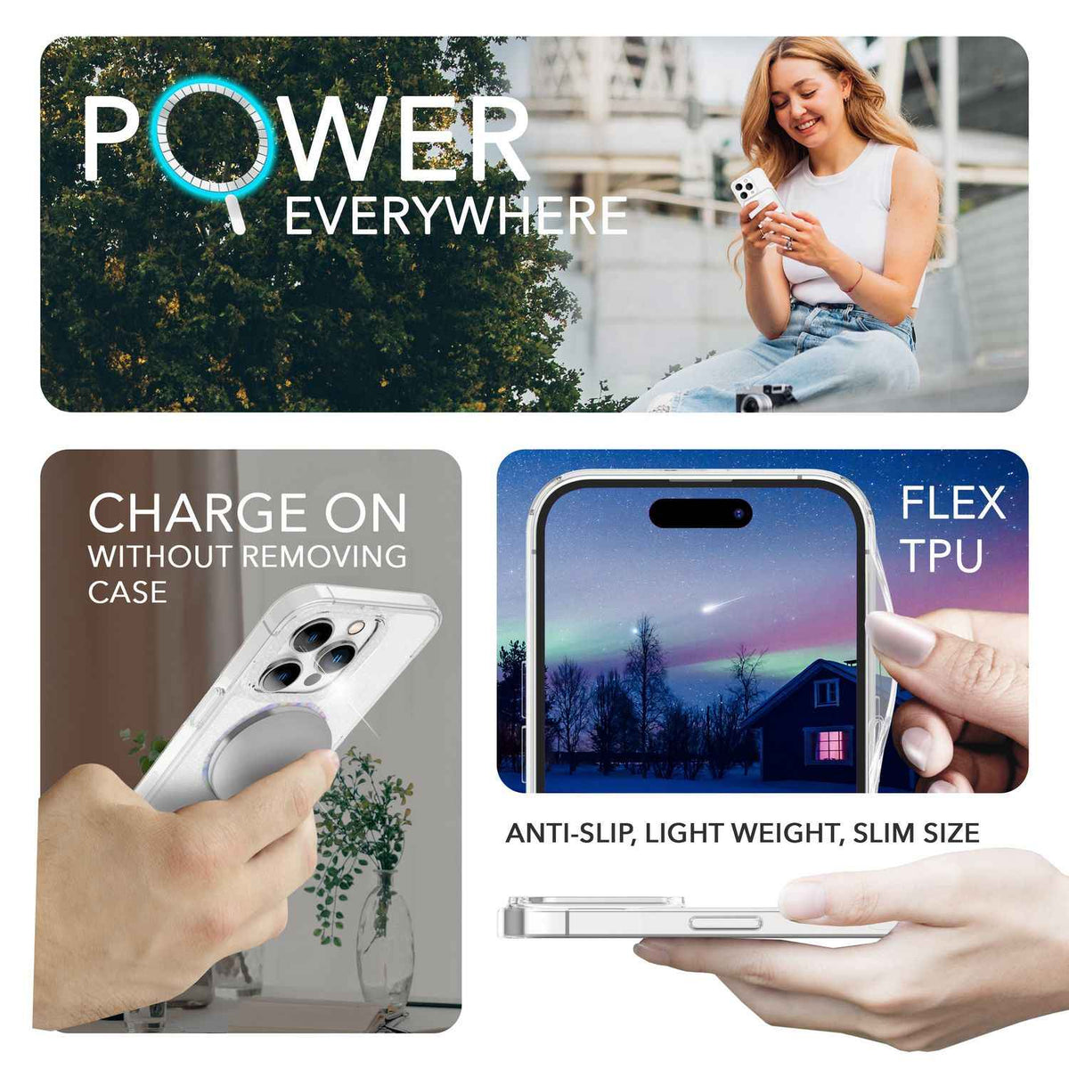 Glitzer-Hülle MagSafe und 2x Schutzglas für iPhone 14 Pro, Klar Display Folie