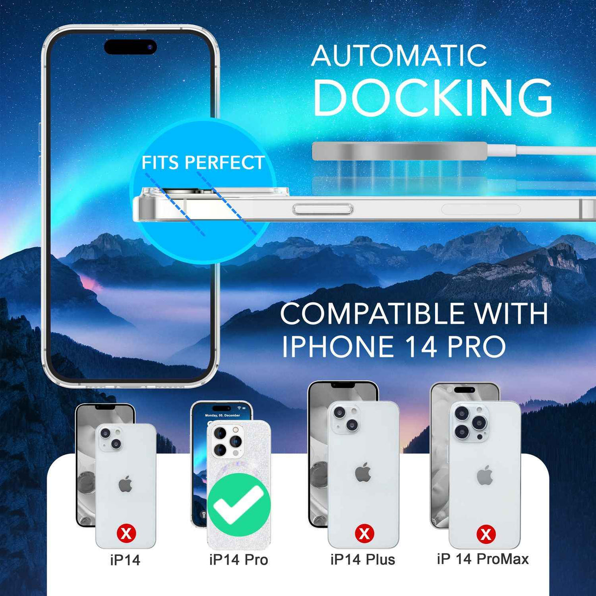 Glitzer-Hülle MagSafe und 2x Schutzglas für iPhone 14 Pro, Klar Display Folie
