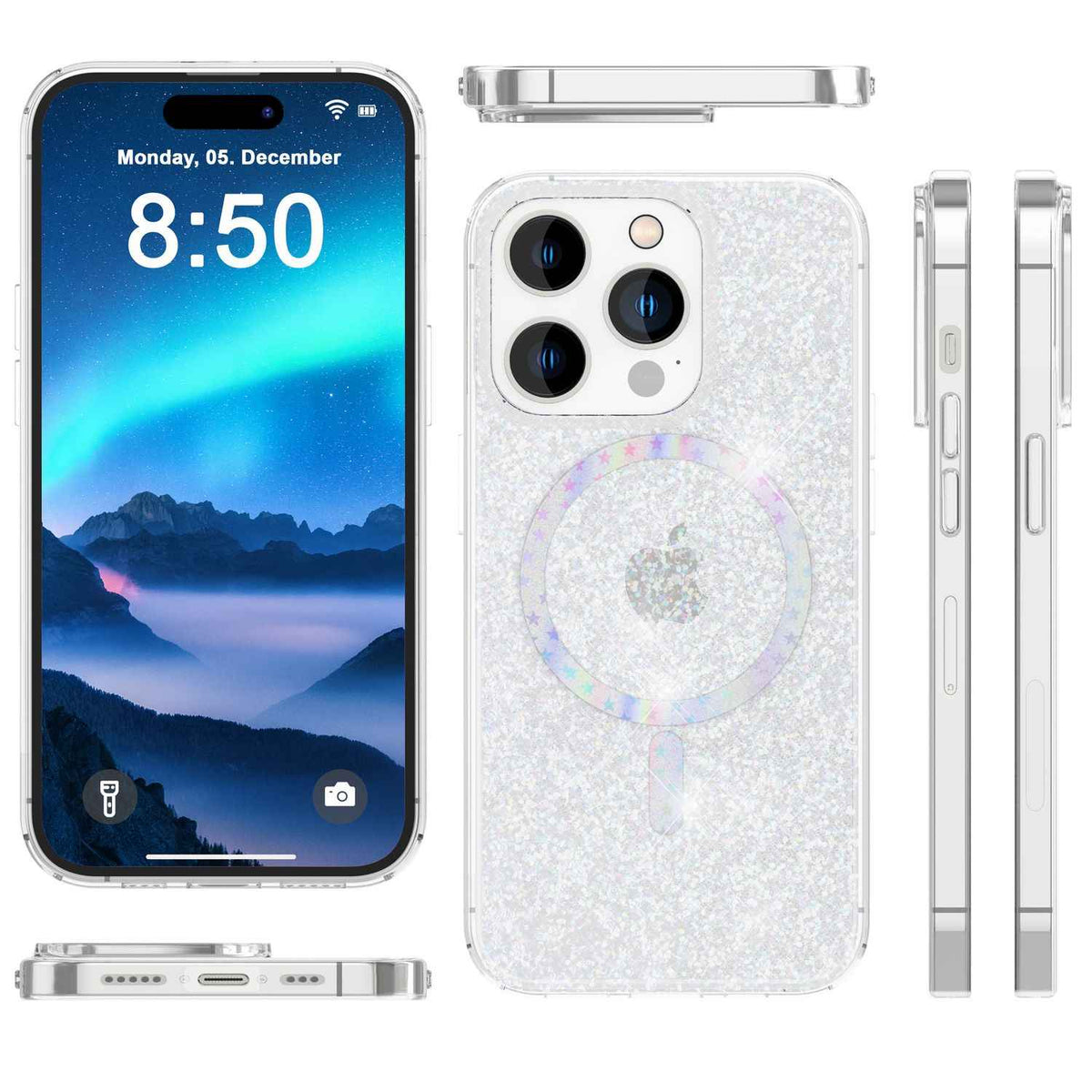 Glitzer-Hülle MagSafe und 2x Schutzglas für iPhone 14 Pro, Klar Display Folie