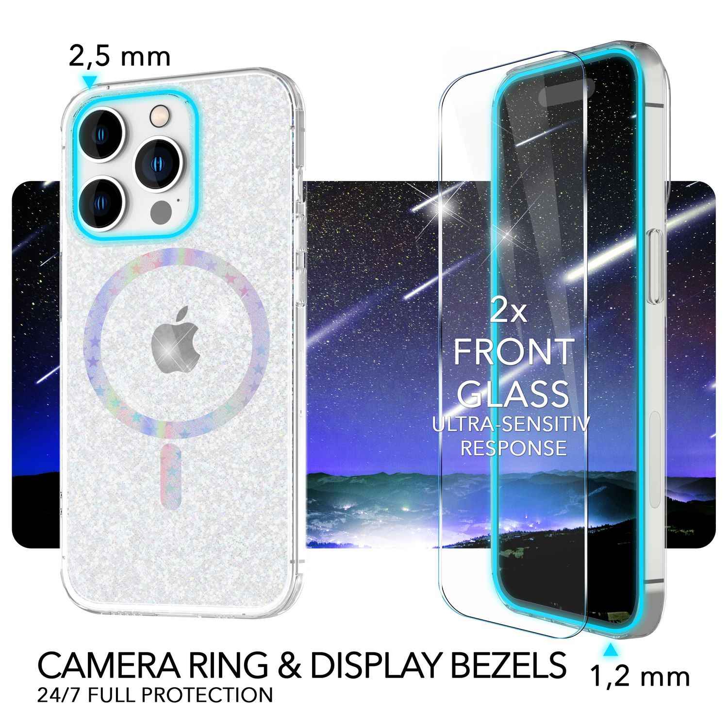 Glitzer-Hülle MagSafe und 2x Schutzglas für iPhone 14 Pro Max, Case Klar Folie