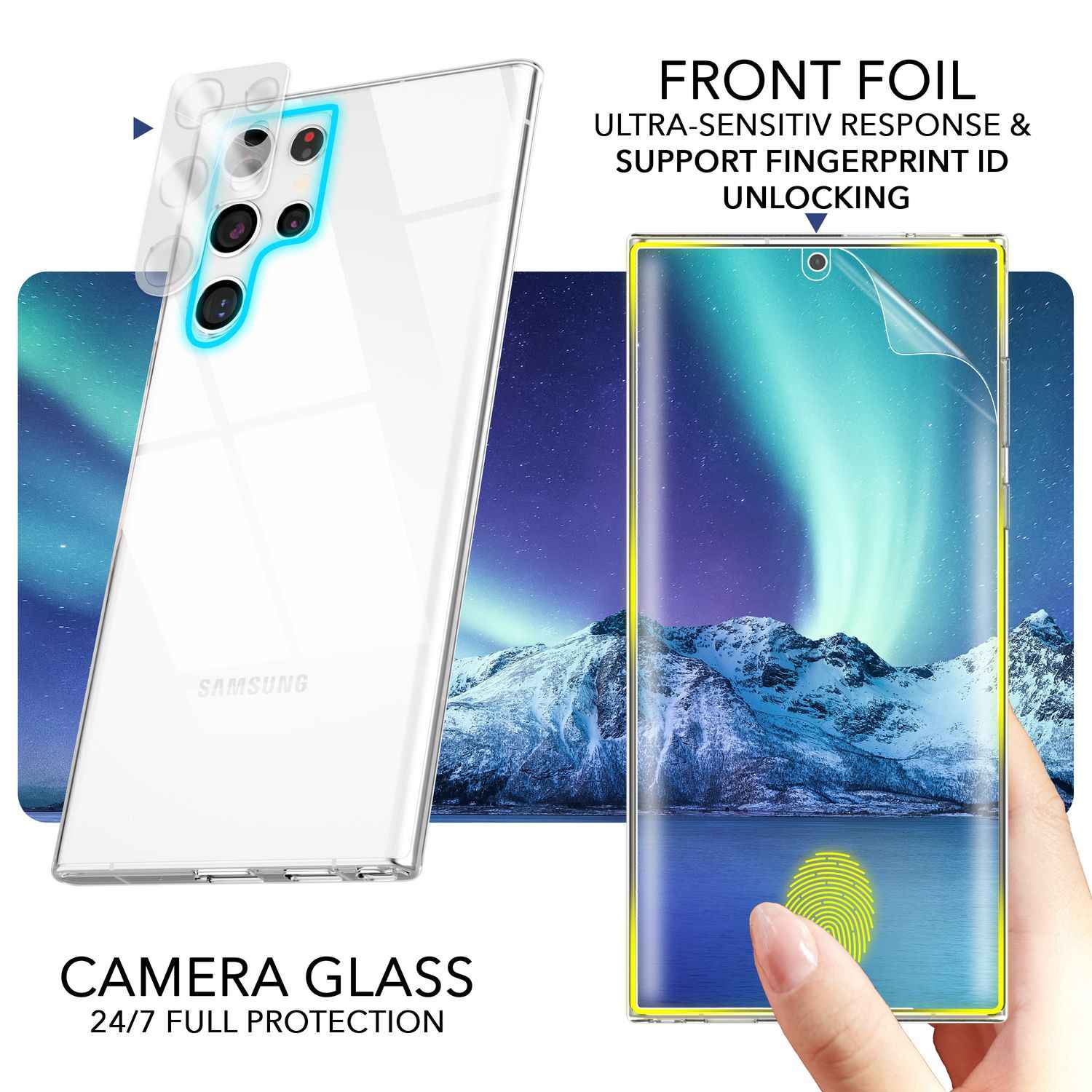 Klare Silikon Hülle für Samsung Galaxy S23 Ultra 2x Displayschutz & Kameraschutz