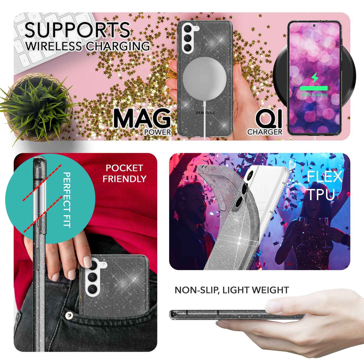 Glitzer Hülle für Samsung Galaxy S23, 2x Displayglas & Kameraschutz