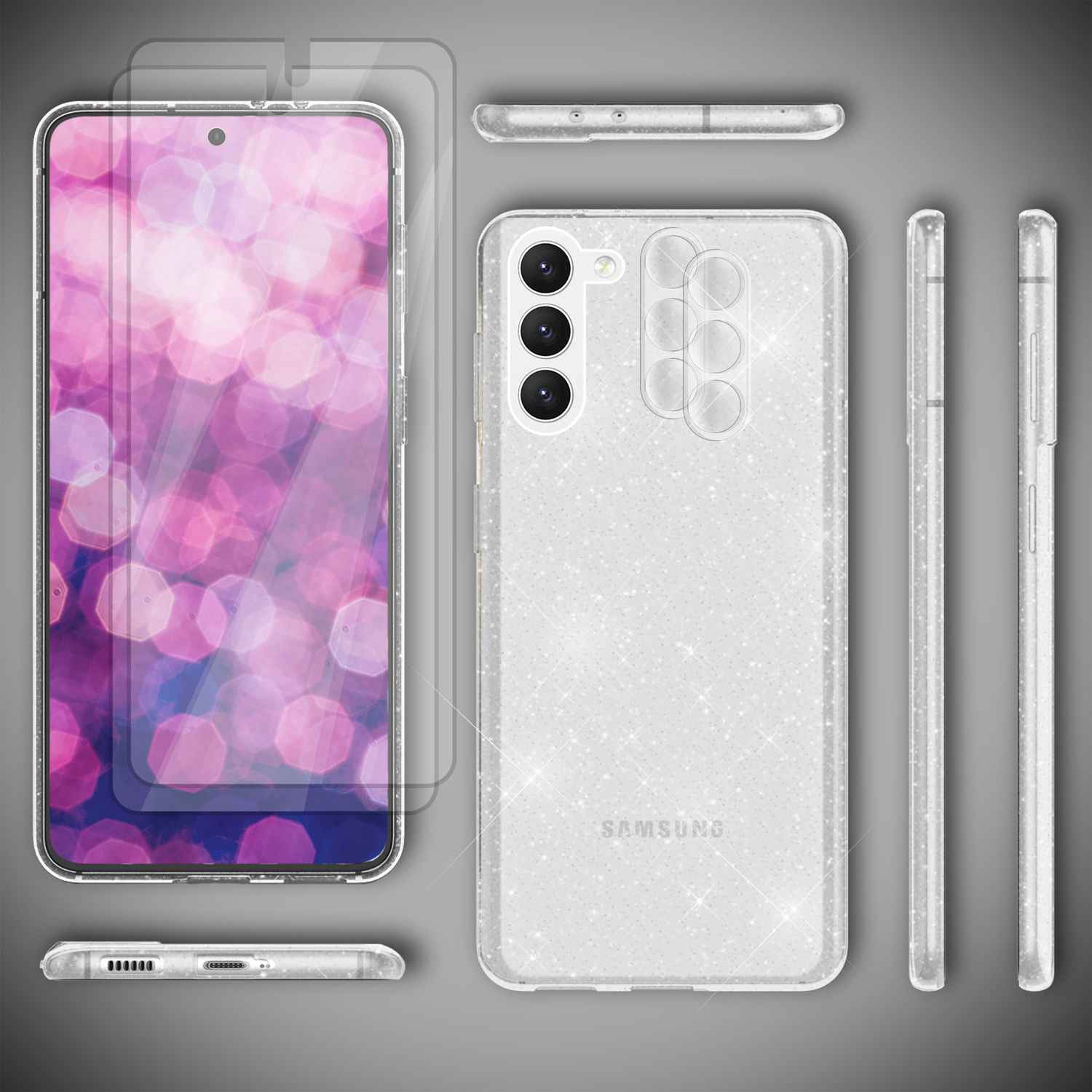 Glitzer Hülle für Samsung Galaxy S23, 2x Displayglas & Kameraschutz