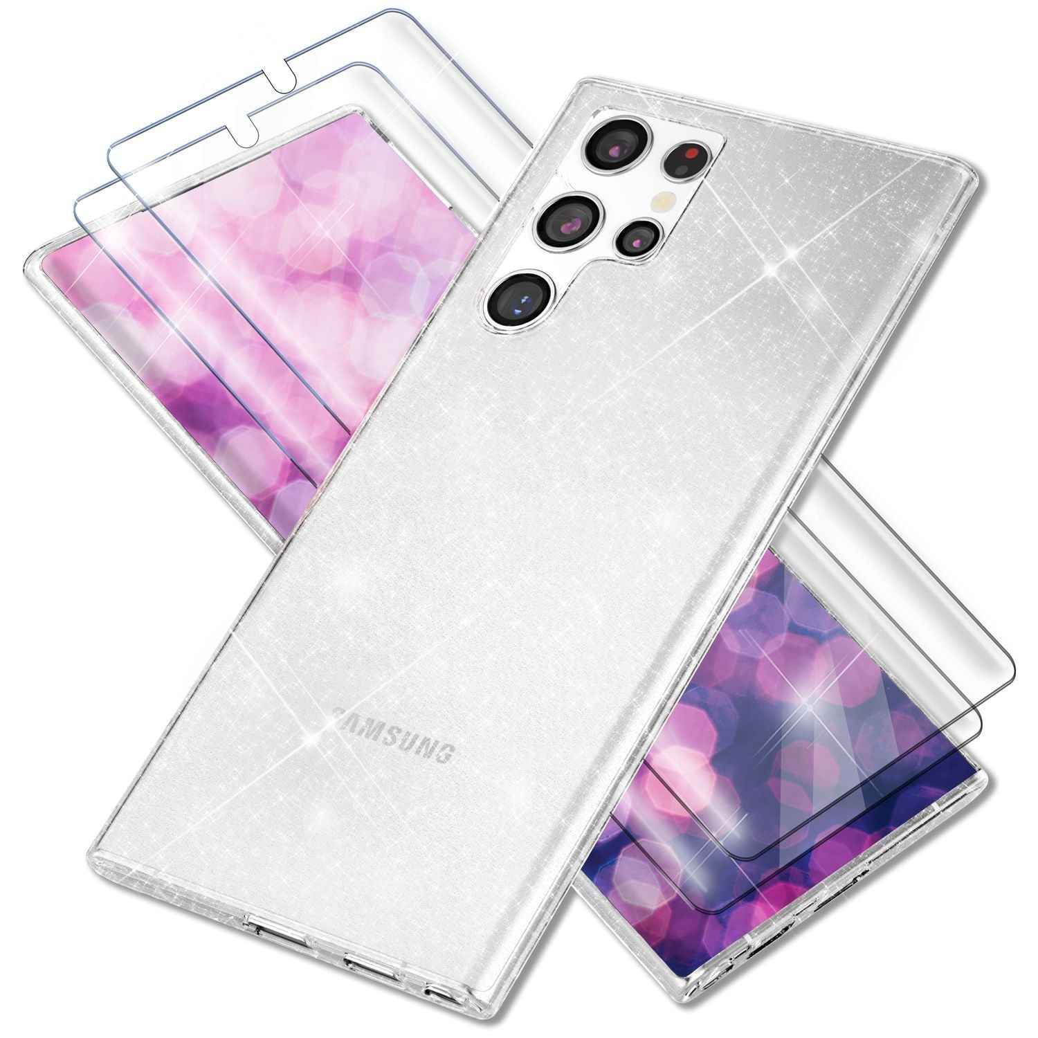 Glitzer Hülle für Samsung Galaxy S23 Ultra, 2x Displayschutz Folie