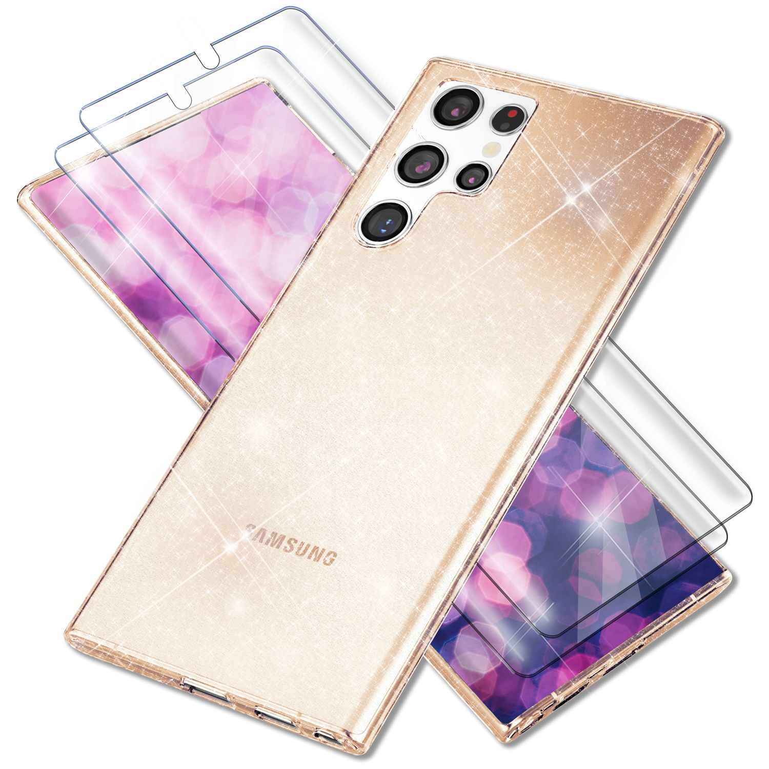 Glitzer Hülle für Samsung Galaxy S23 Ultra, 2x Displayschutz Folie