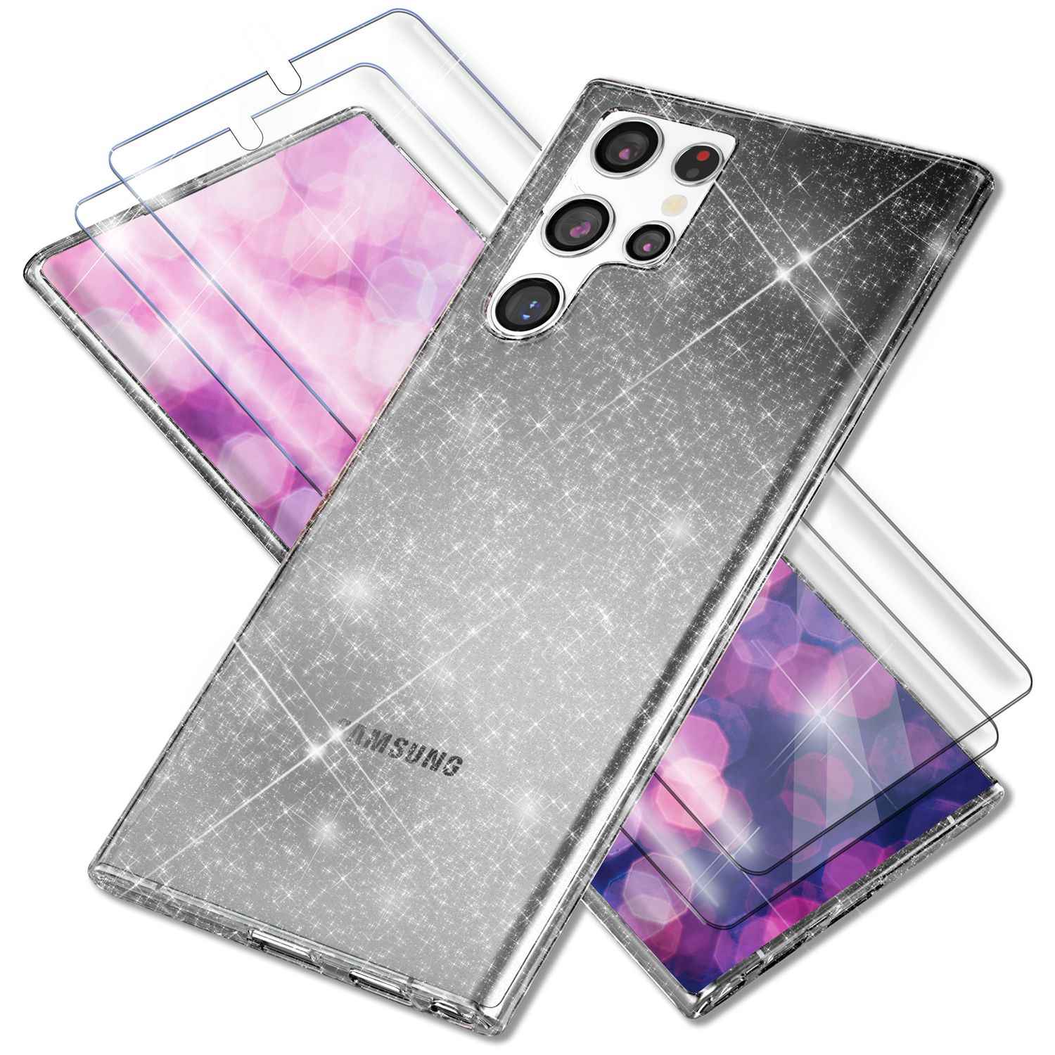 Glitzer Hülle für Samsung Galaxy S23 Ultra, 2x Displayschutz Folie