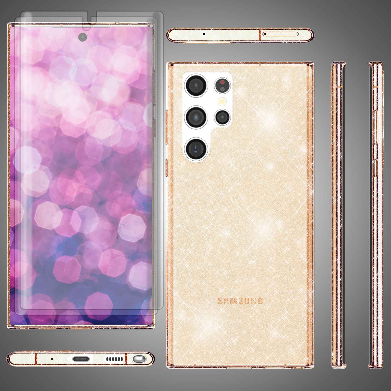 Glitzer Hülle für Samsung Galaxy S23 Ultra, 2x Displayschutz Folie