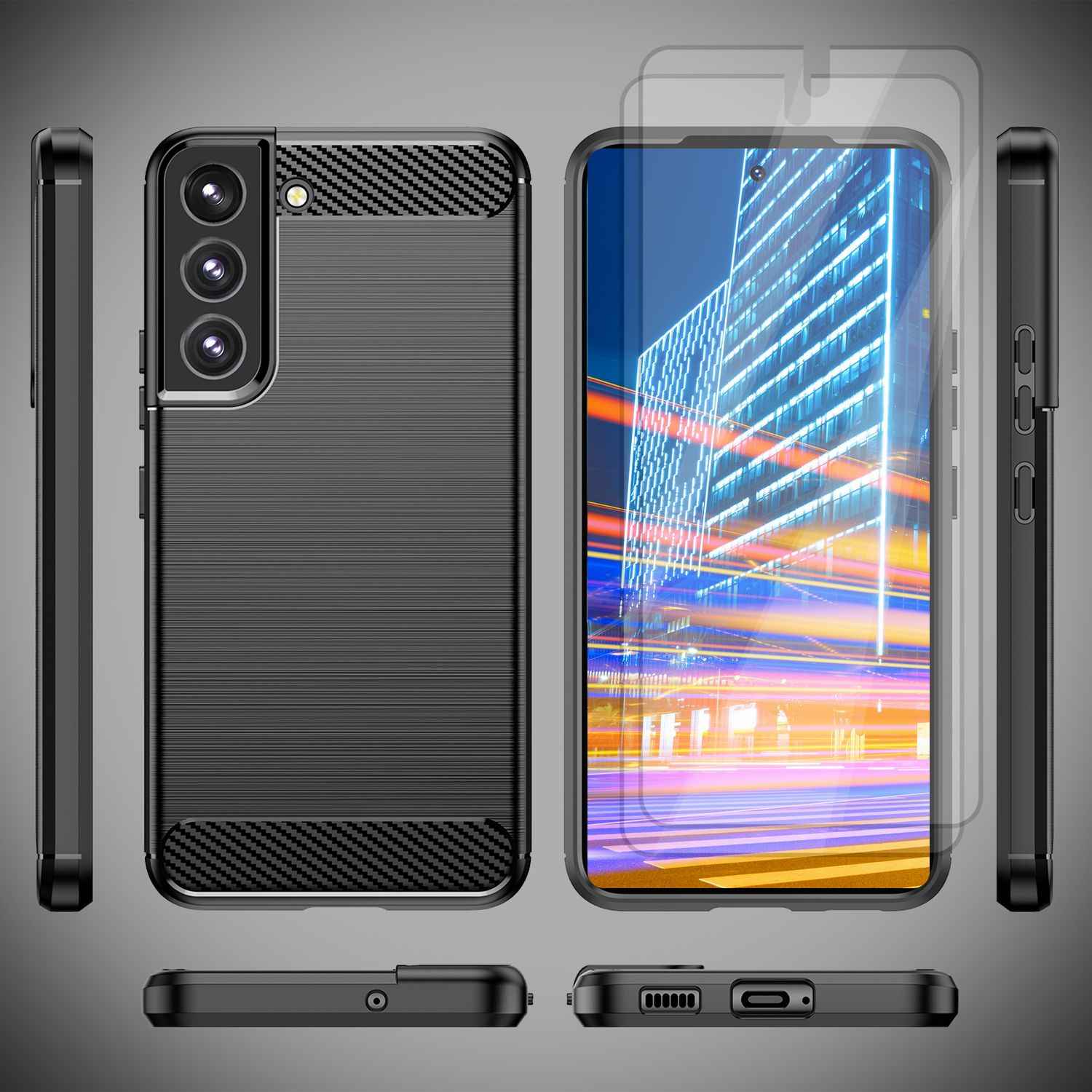 Carbon Look Hülle für Samsung Galaxy S23, 2x Displayschutz Glas, Matt Schwarz