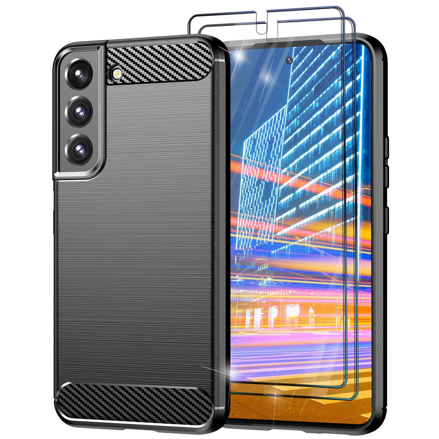 Carbon Look Hülle für Samsung Galaxy S23 Plus, 2x Displayschutz Glas, Schwarz