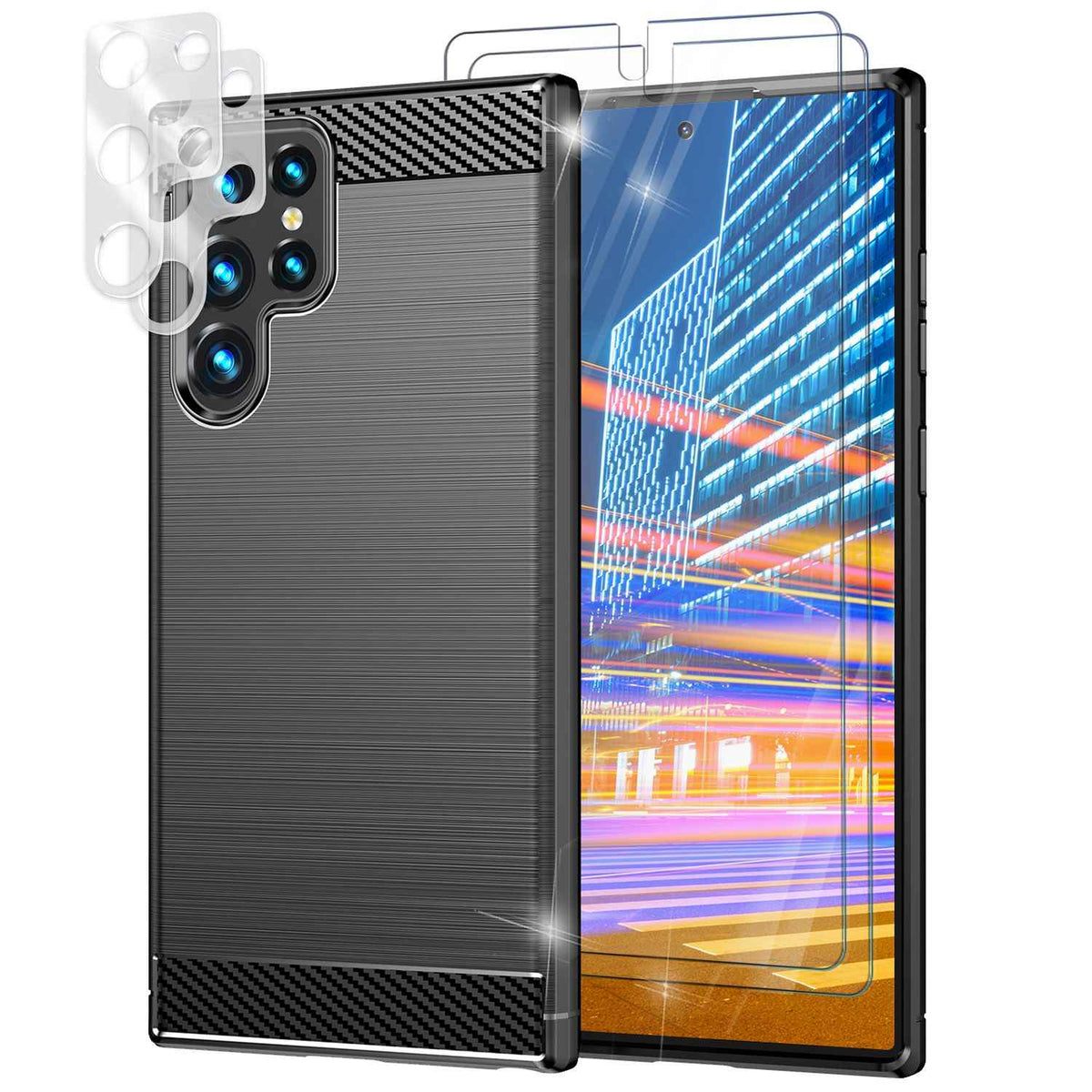 Carbon Look Hülle für Samsung Galaxy S23 Ultra, 2x Displayschutz & Kameraschutz