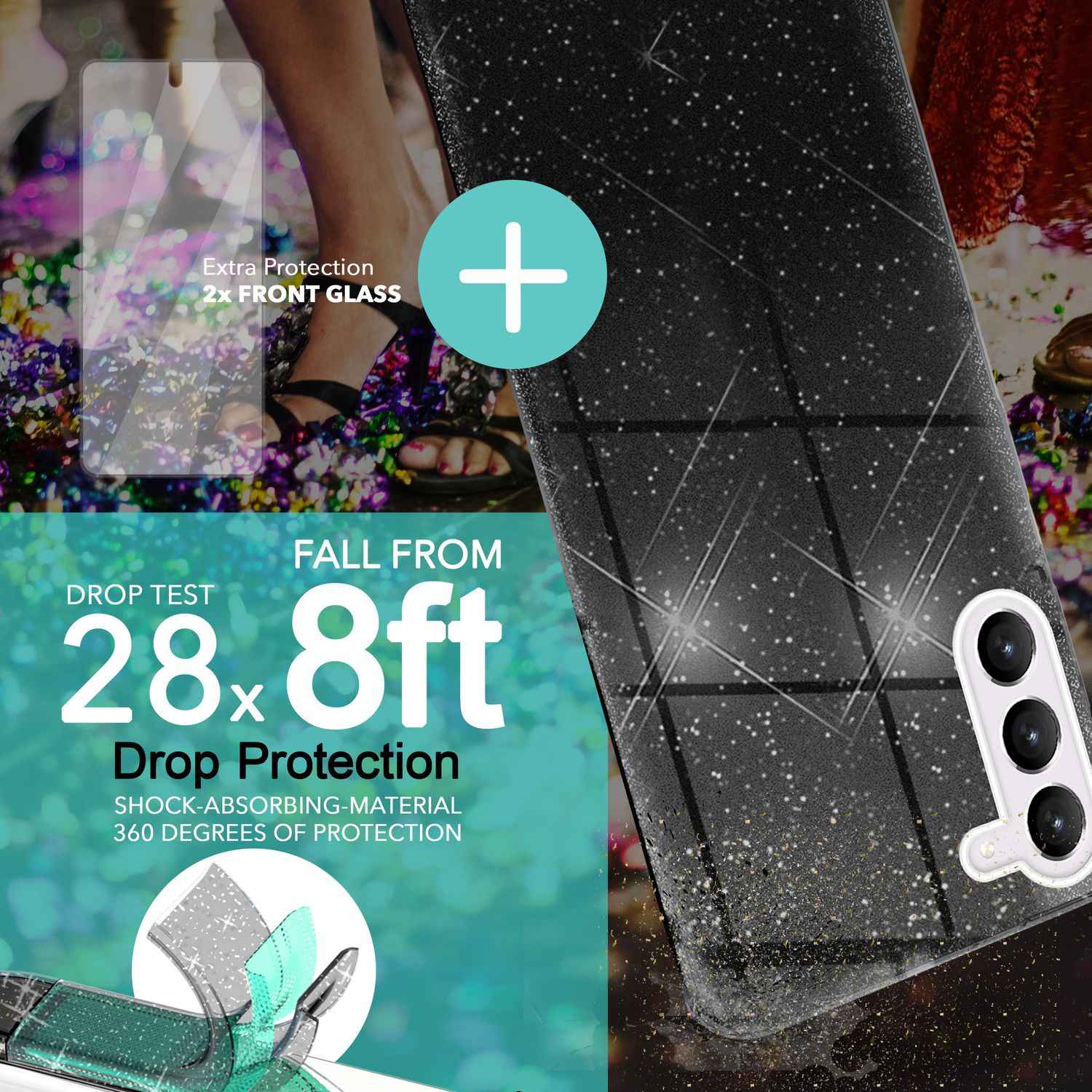 Glitzer Hybrid Hülle für Samsung Galaxy S23 Plus, 2x Displayschutz Glas