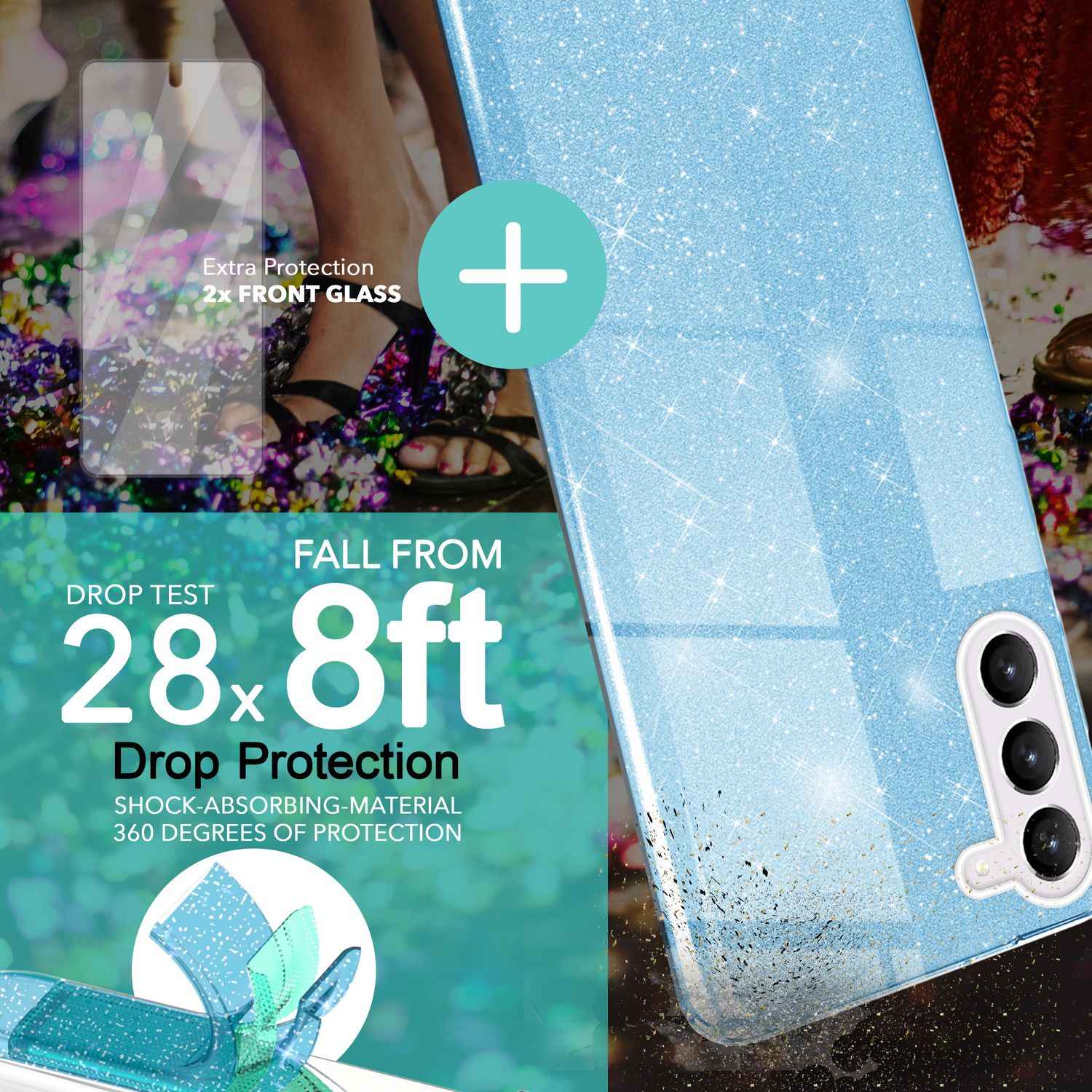 Glitzer Hybrid Hülle für Samsung Galaxy S23 Plus, 2x Displayschutz Glas