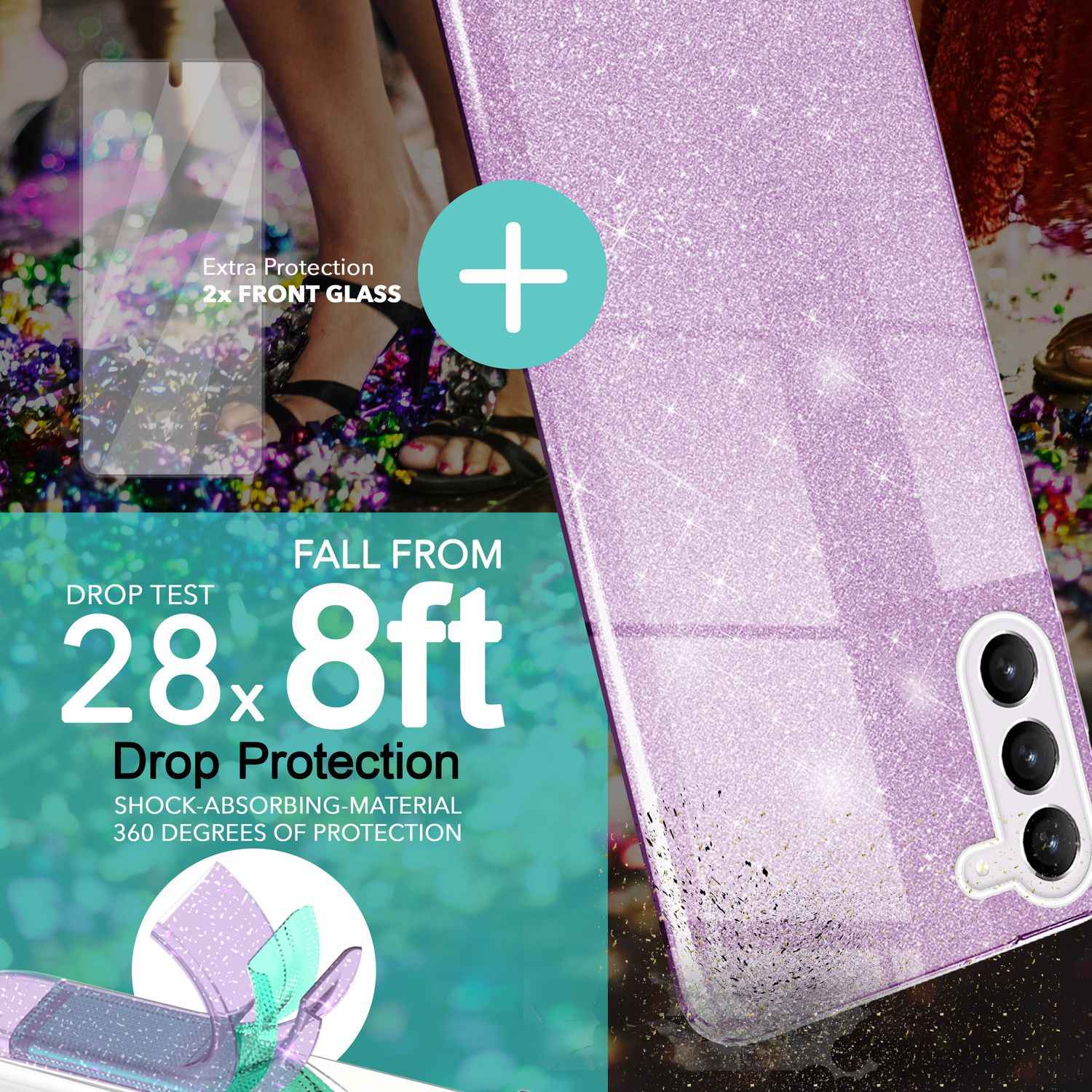 Glitzer Hybrid Hülle für Samsung Galaxy S23 Plus, 2x Displayschutz Glas